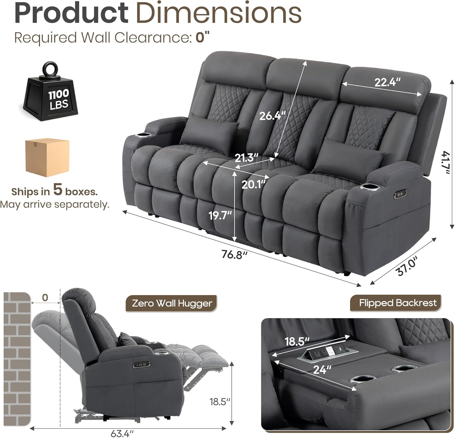 Zero Wall Hugger Power Recliner Sofa Set, Reclining Couch and loveseat with Adjustable Headrest, Electric Recliner Couch with Drop-Down Table for Living Room (Grey)