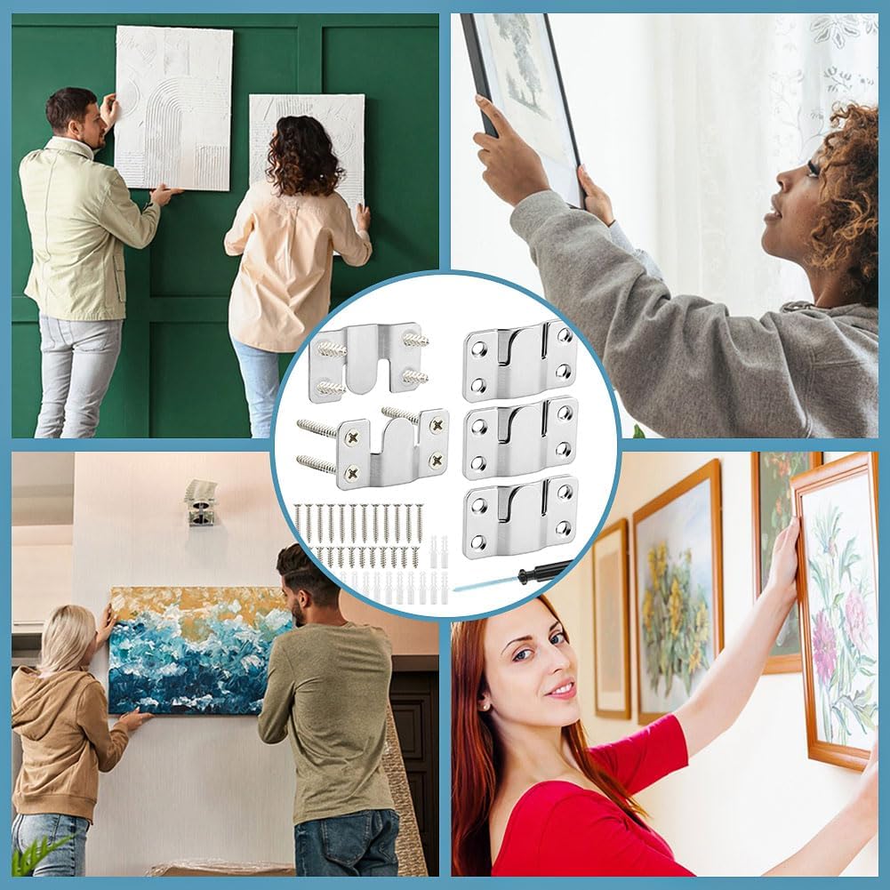 4 Pairs Flush Mount Bracket, Stainless Steel Interlocking Furniture Connector Heavy Duty Photo Frame Hook Large Picture Hanger for Hanging Headboards Large Picture Display