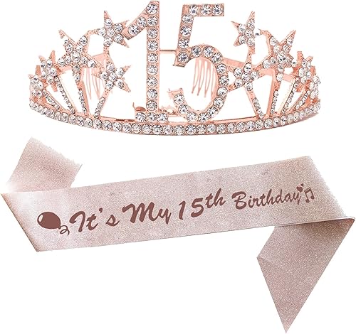 Kit de banda y tiara de cumpleaños número 15 para niña, corona de diamantes de imitación, tiara de cristal rosa, suministros y decoraciones para