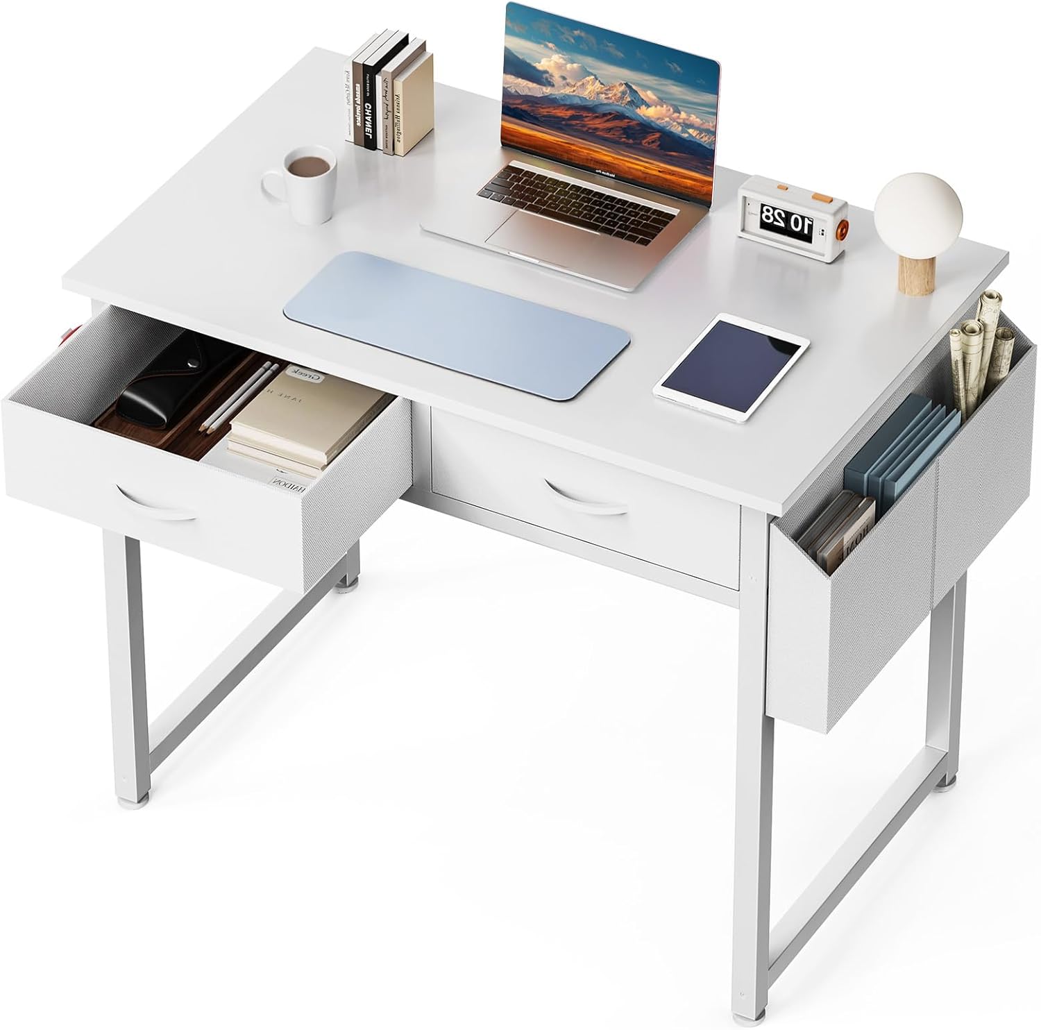 DUMOS 32" Home Office Computer Desk with Drawers, Small Gaming Writing Study Table with Storage Side Bag, Headphone Hook and Adjustable Feet for Bedroom White