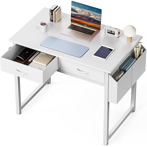 DUMOS 32" Home Office Computer Desk with Drawers, Small Gaming Writing Study Table with Storage Side Bag, Headphone Hook and Adjustable Feet for Bedroom White
