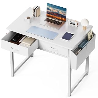 DUMOS 32" Home Office Computer Desk with Drawers, Small Gaming Writing Study Table with Storage Side Bag, Headphone Hook and Adjustable Feet for Bedroom White - Amazon product rated Grade A