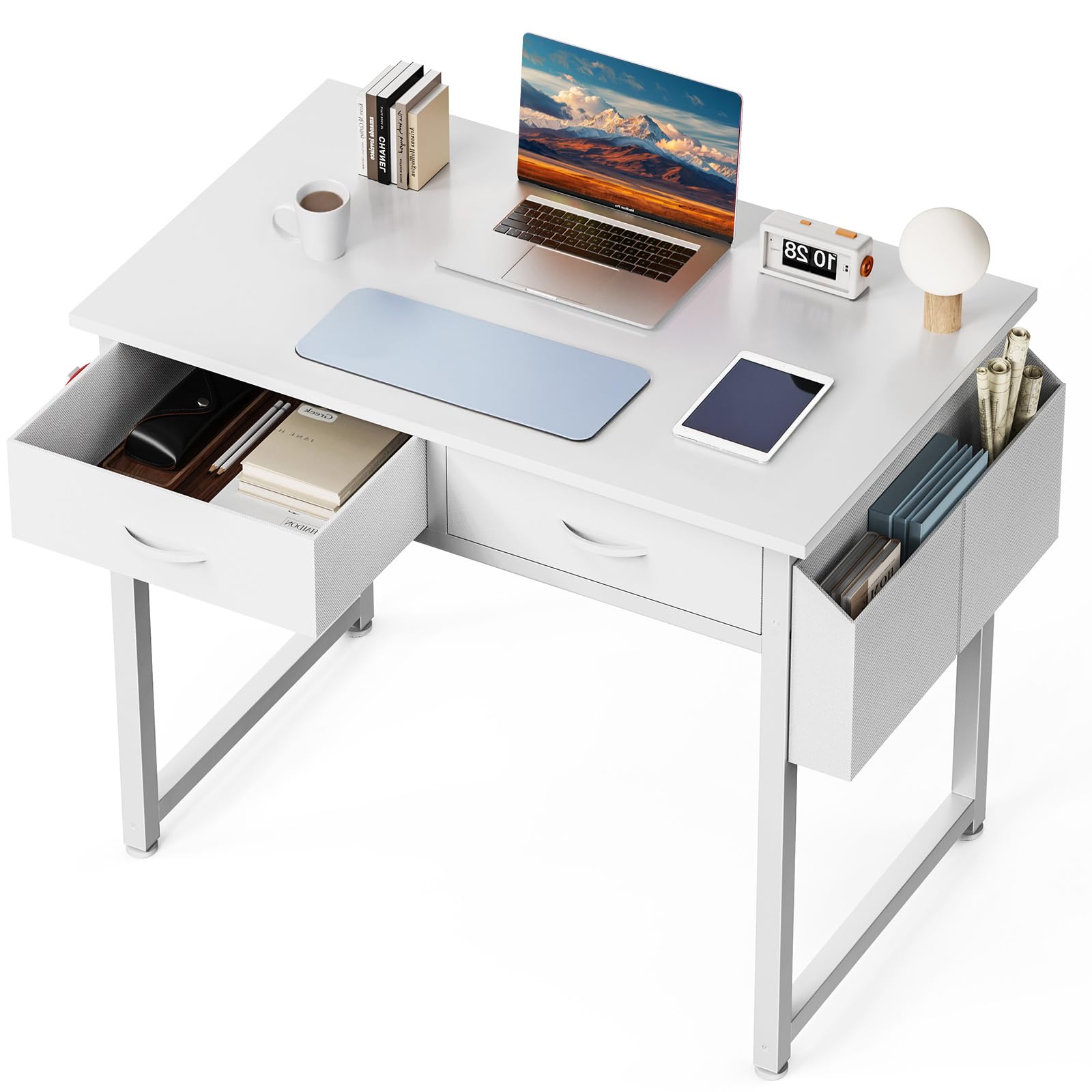 DUMOS 32" Home Office Computer Desk with Drawers, Small Gaming Writing Study Table with Storage Side Bag, Headphone Hook and Adjustable Feet for Bedroom White