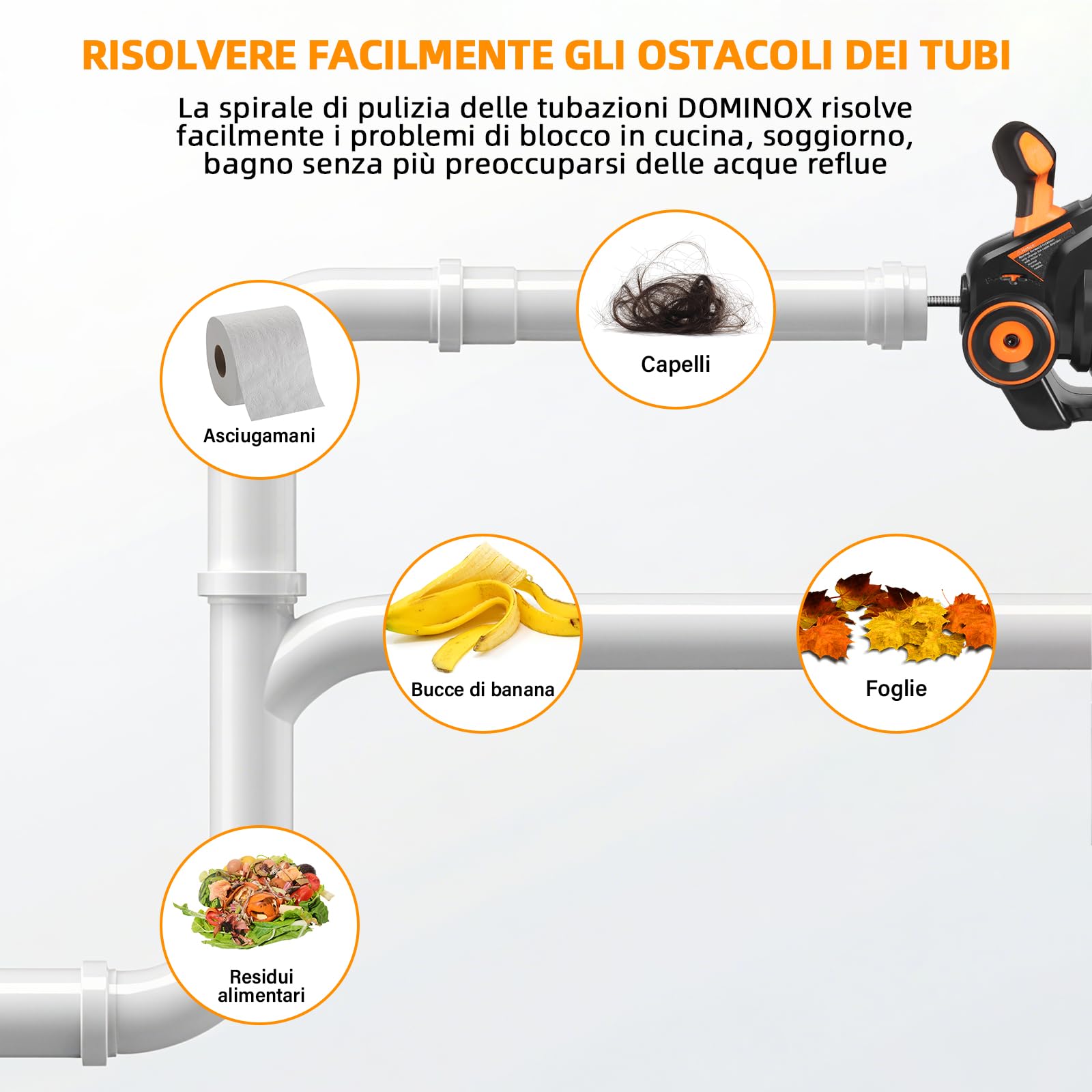 18V Spirale Pulizia Tubi Elettrica, 7,6m Albero in Acciaio a Molla per 19-51mm Tubo, Pulitore Tubi Scarico per WC, Bagno, Cucina, Fogna (Comprese le Batterie)