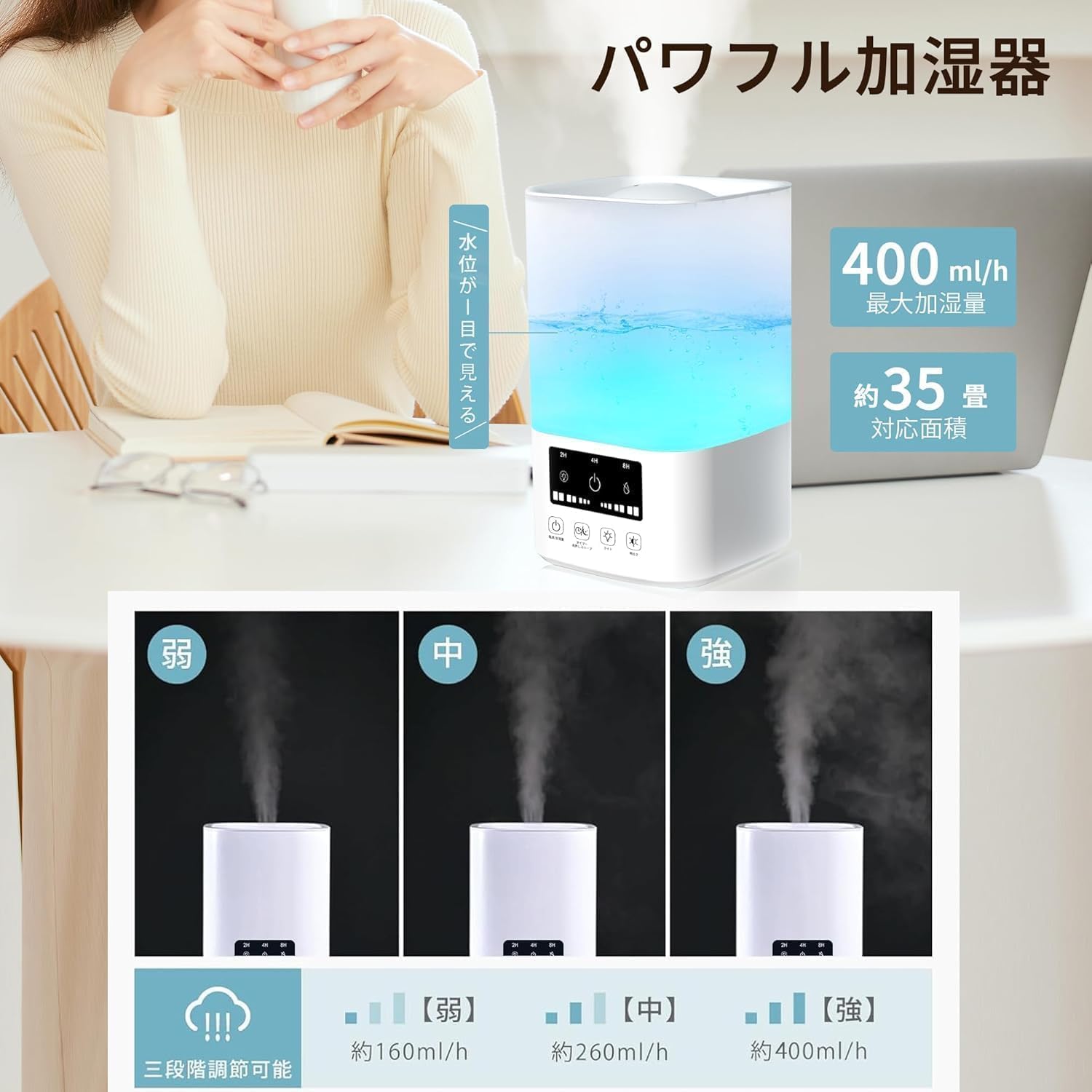 Humidifier showing three mist output levels: Low, Medium, High