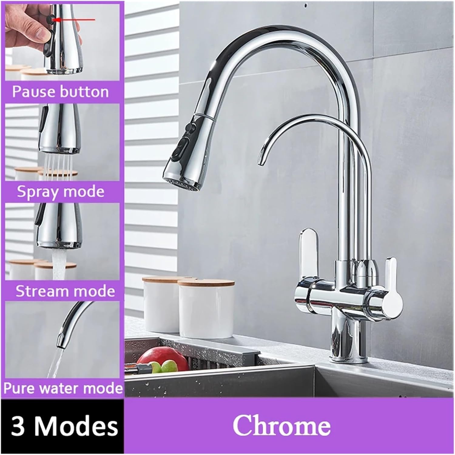 Purification Kitchen Pull-Out Kitchen Water Filter Deck Installation 360 Degree Rotating Three Way Mixer Sink Crane Mixer Tap, Gold, CF001