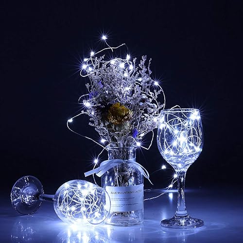 Miniatura 2 de Paquete de 20 luces de hadas operadas con pilas, 20 luces LED de alambre plateado de 3.3 pies, luces de luciérnaga blancas frías, luces de tarro de