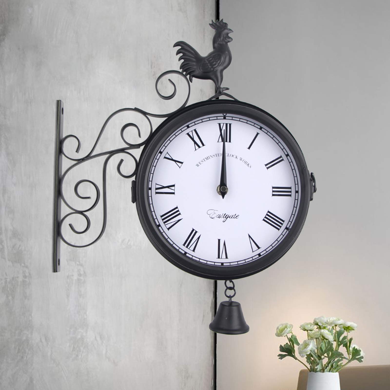 Horloge murale de gare double face antique - Cadran de 20 cm - Batterie rétro - Revêtement imperméable noir - En métal - Pour gare, couloir ou jardin