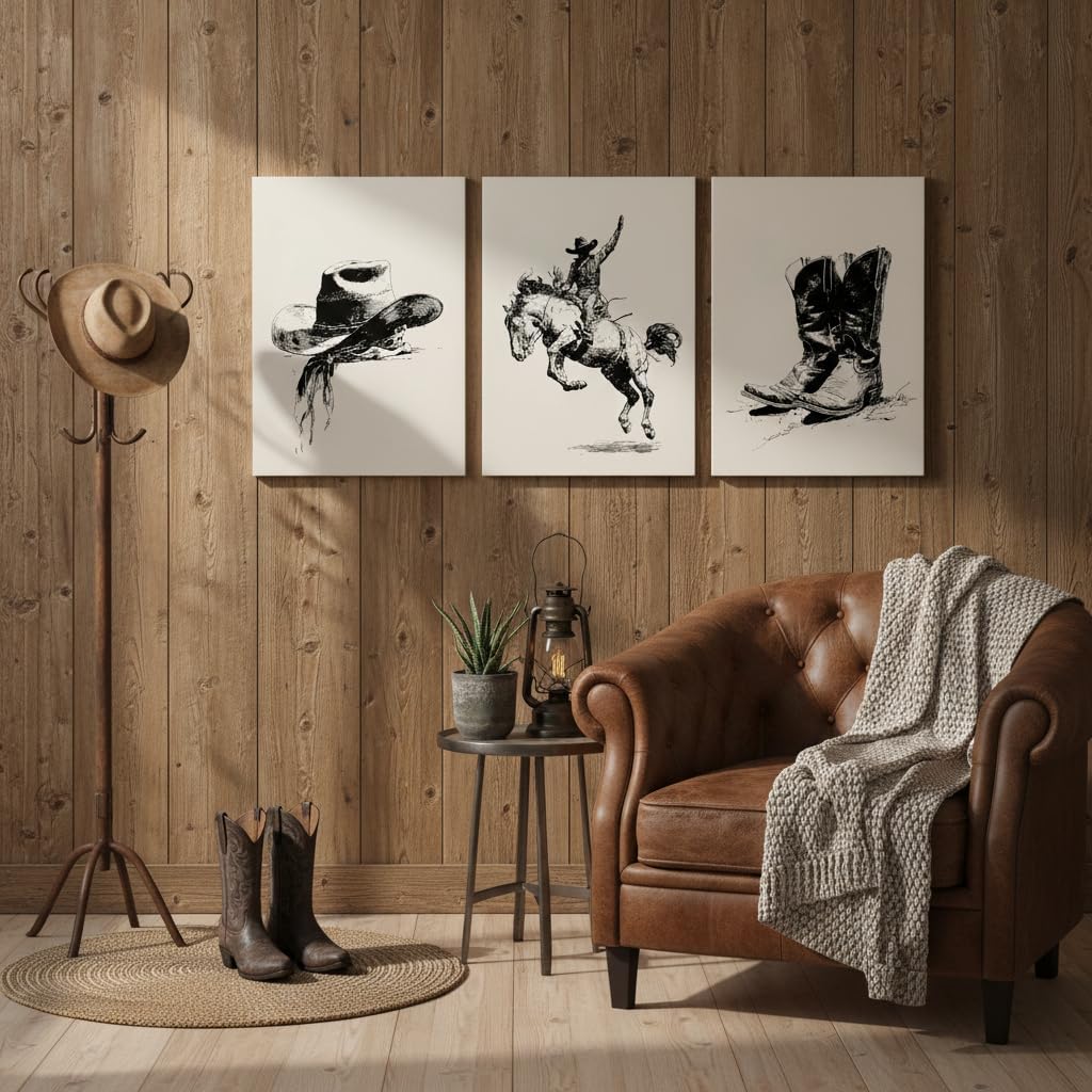 TEOVGKN 3Pcs Western Cowboy Canvas Wall Art, Vintage Black and White Sketch Pictures, Rustic Farmhouse Country Aesthetic Posters, FRAMED READY TO HANG (12x16 in)