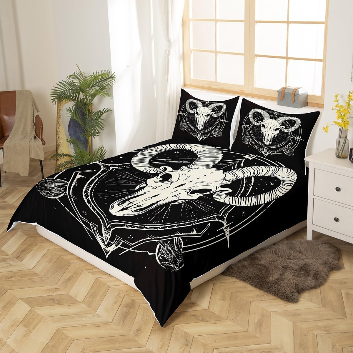 Feelyou Boho Skull Bedding Set Bohemian Ram Skeleton Design Duvet Cover for Kids Children Teens Tribal Arrow Design Comforter Cover Animal Gothic Bones Bedspread Cover Bedroom Decor 3Pcs King Size