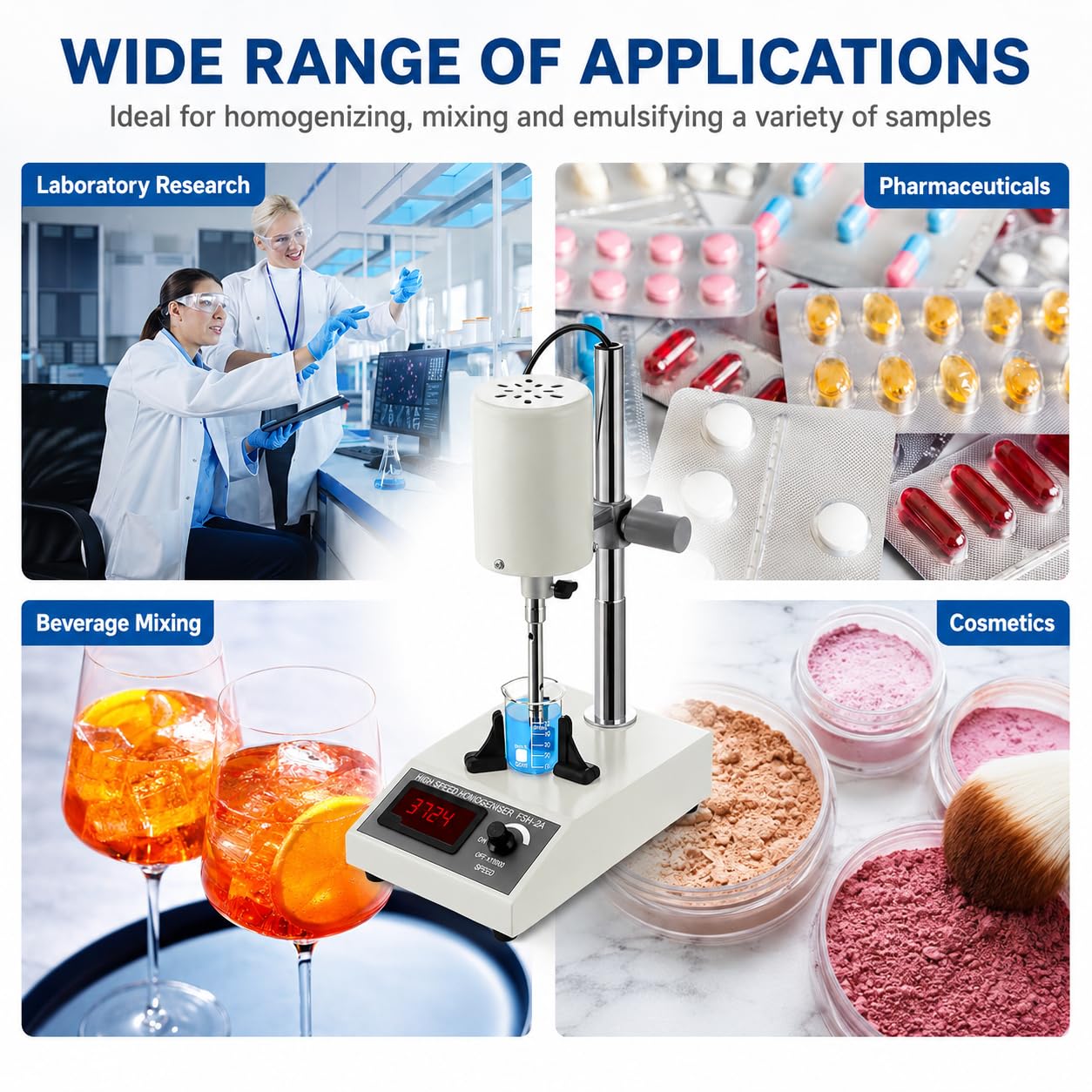 Labor-Homogenisator, digitaler Dispergator, Emulgator, 8000-22000 U/min, höhenverstellbar, für Medien, Zelldispersion, Kosmetik, Lebensmittel – 5-500 ml Kapazität
