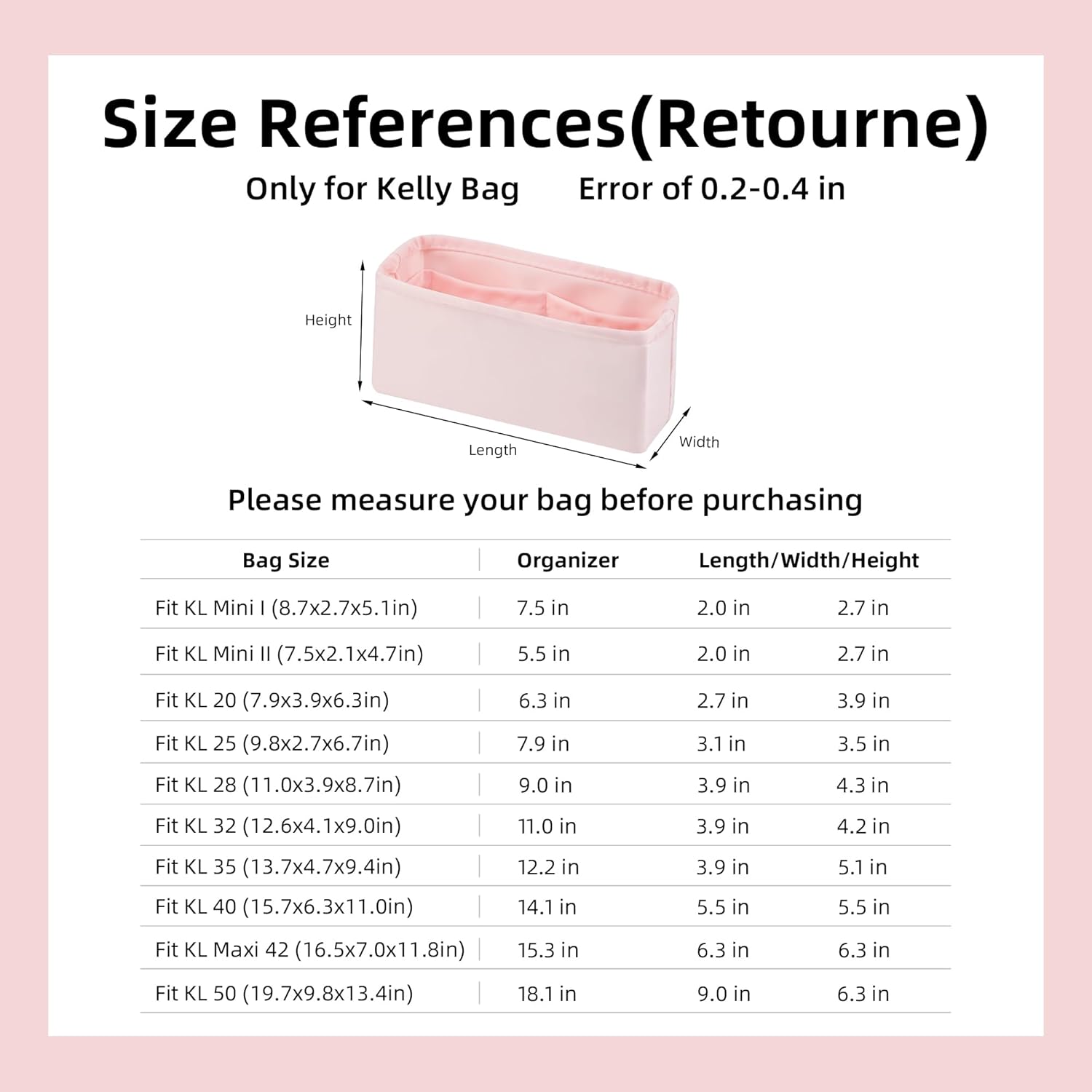 DGAZ Bag Organizer Insert, Silk Purse Organizer, Luxury Handbag & Tote, Fits Kelly Mini I/II /20/25/28/32/35/40 Bags (Pink, MiniKelly2) - Image 7
