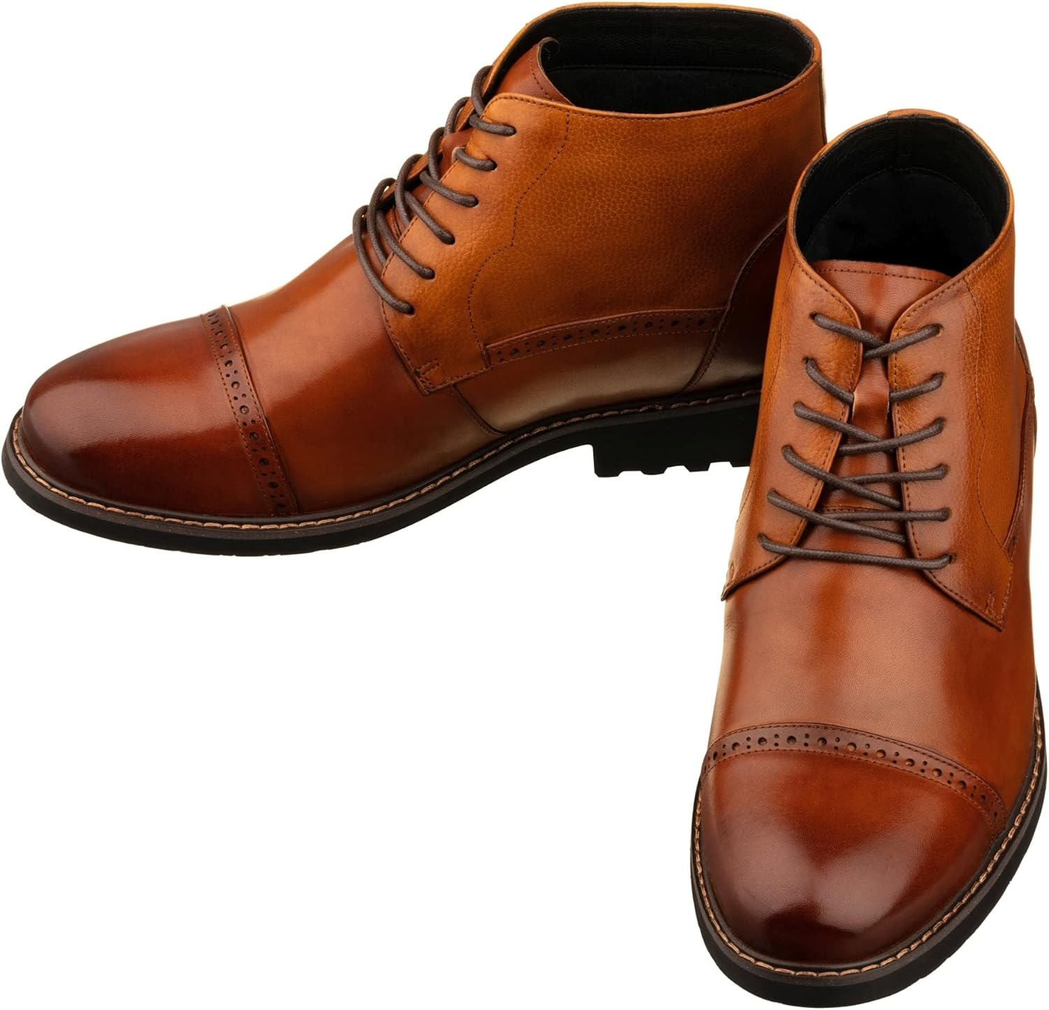 CALTO Men's Invisible Height Increasing Elevator Shoes - Brown Leather Lace-up Cap-toe Boots with Inner Faux Fur - 3.2 Inches Taller - Y41085 - Size 9 D(M) US - Image 4