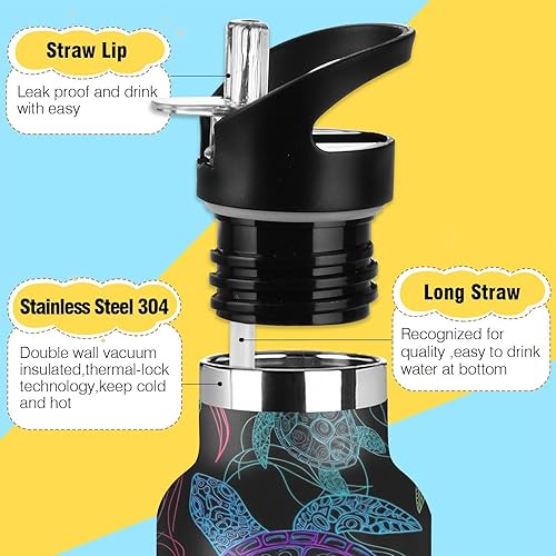 Miniatura 3 de Botella de agua para niños para la escuela, a prueba de fugas, botella de agua aislada de 20 onzas, sin BPA, tortugas marinas neón