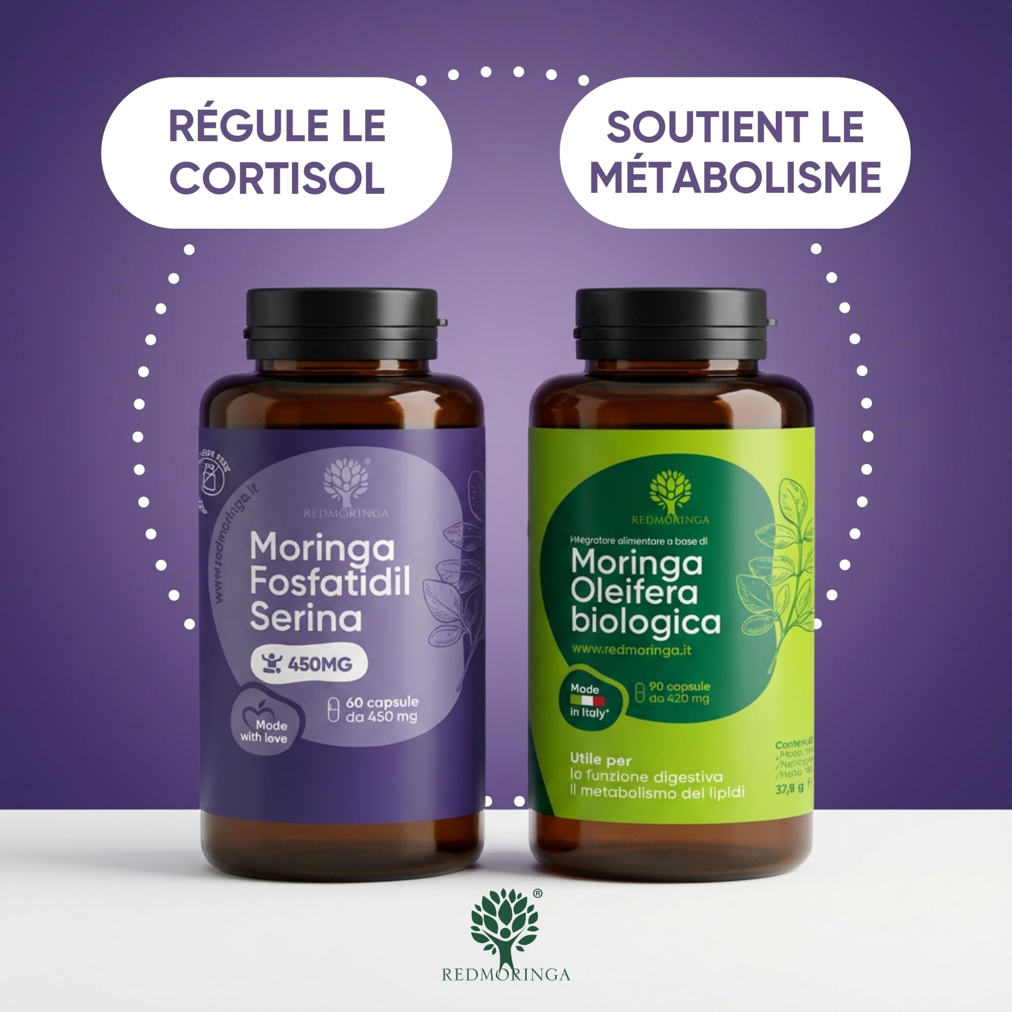 LOW CORTISOLO – Phosphatidylsérine 450 mg + Moringa Oleifera BIO | Pour abaisser le cortisol, ventre de stress | Complément mémoire et concentration | 150 gélules végétales Made in Italy | RedMoringa