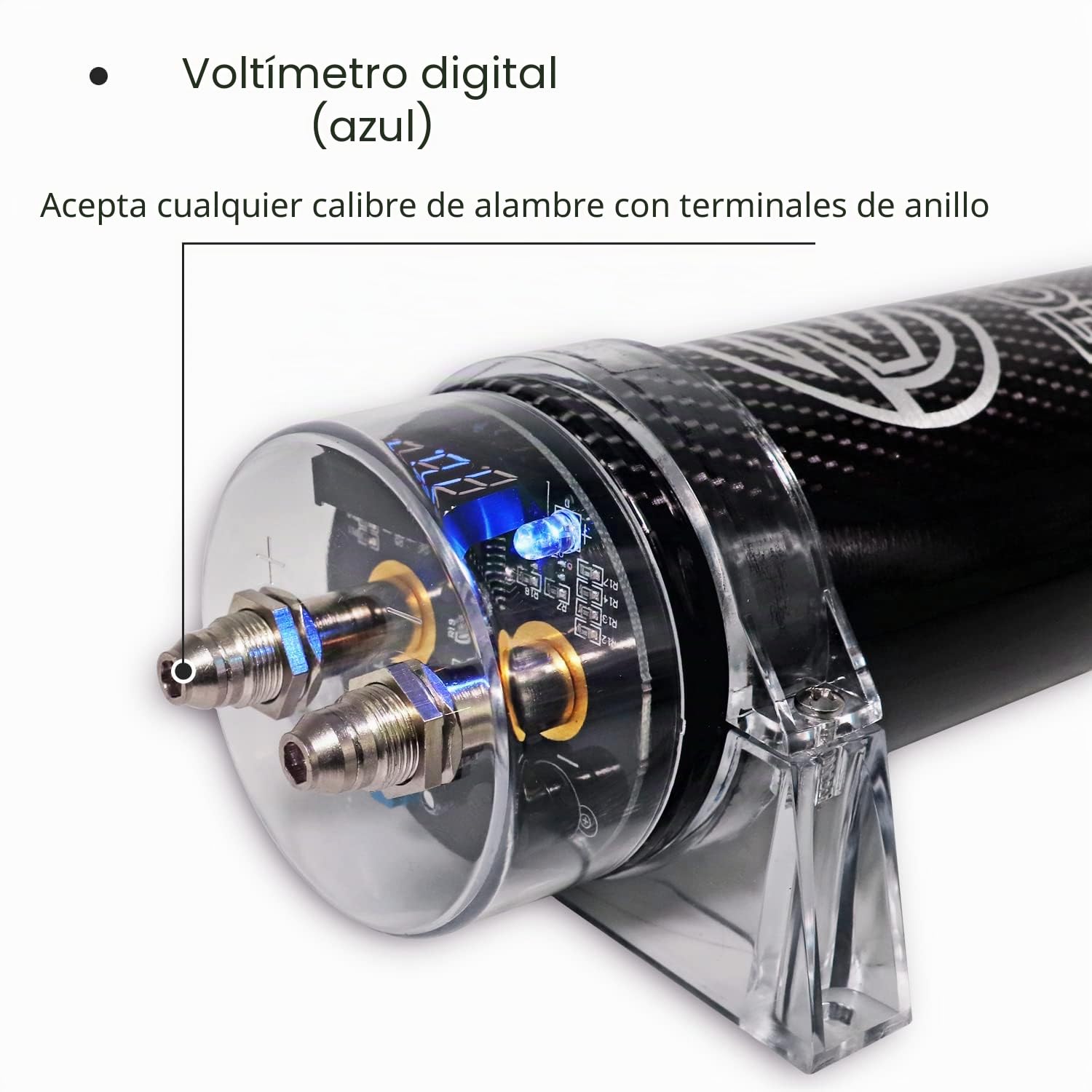 RECOIL R1D Condensador de 1.0 Faradio para Amplificador de Coche – Voltímetro Digital Azul, Almacenamiento de Energía para Sistemas de hasta 1000W