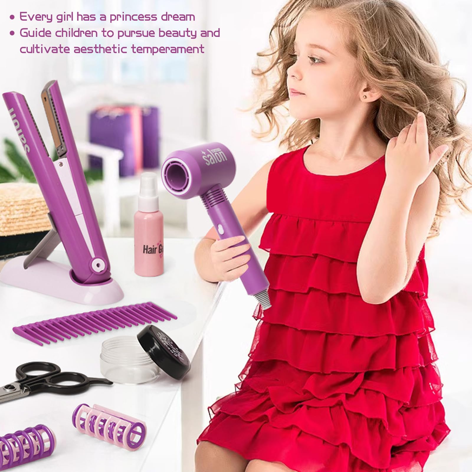 Set Parrucchiera Bambina,14 Pezzi set di Bellezza per Parrucchiere e Cosmetico Include Trucco Finto e Accessori per Capelli,set da Gioco Parrucchieri per Bambini 3 4 5 6 7 Anni.