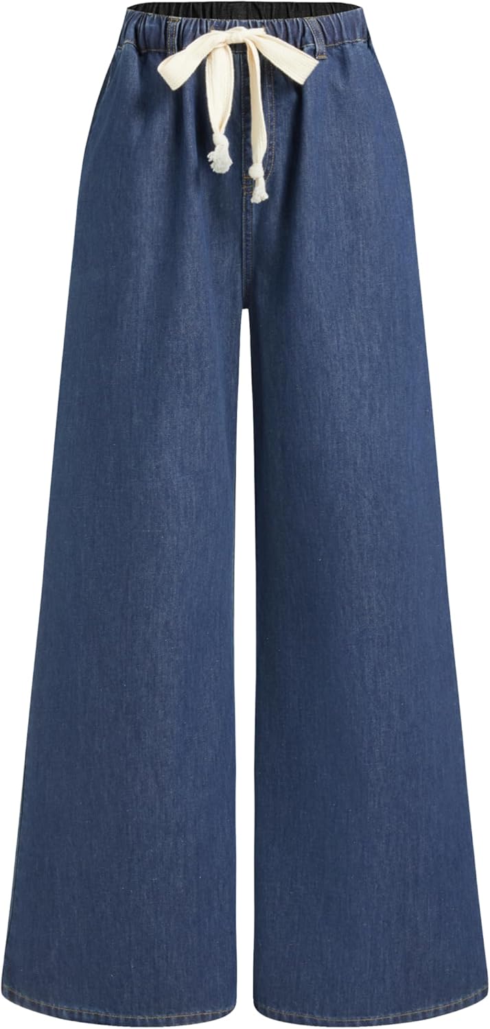 CIDER Drawstring Wide Leg Jeans for Women High Waisted Baggy Jeans Denim Pants with Pockets