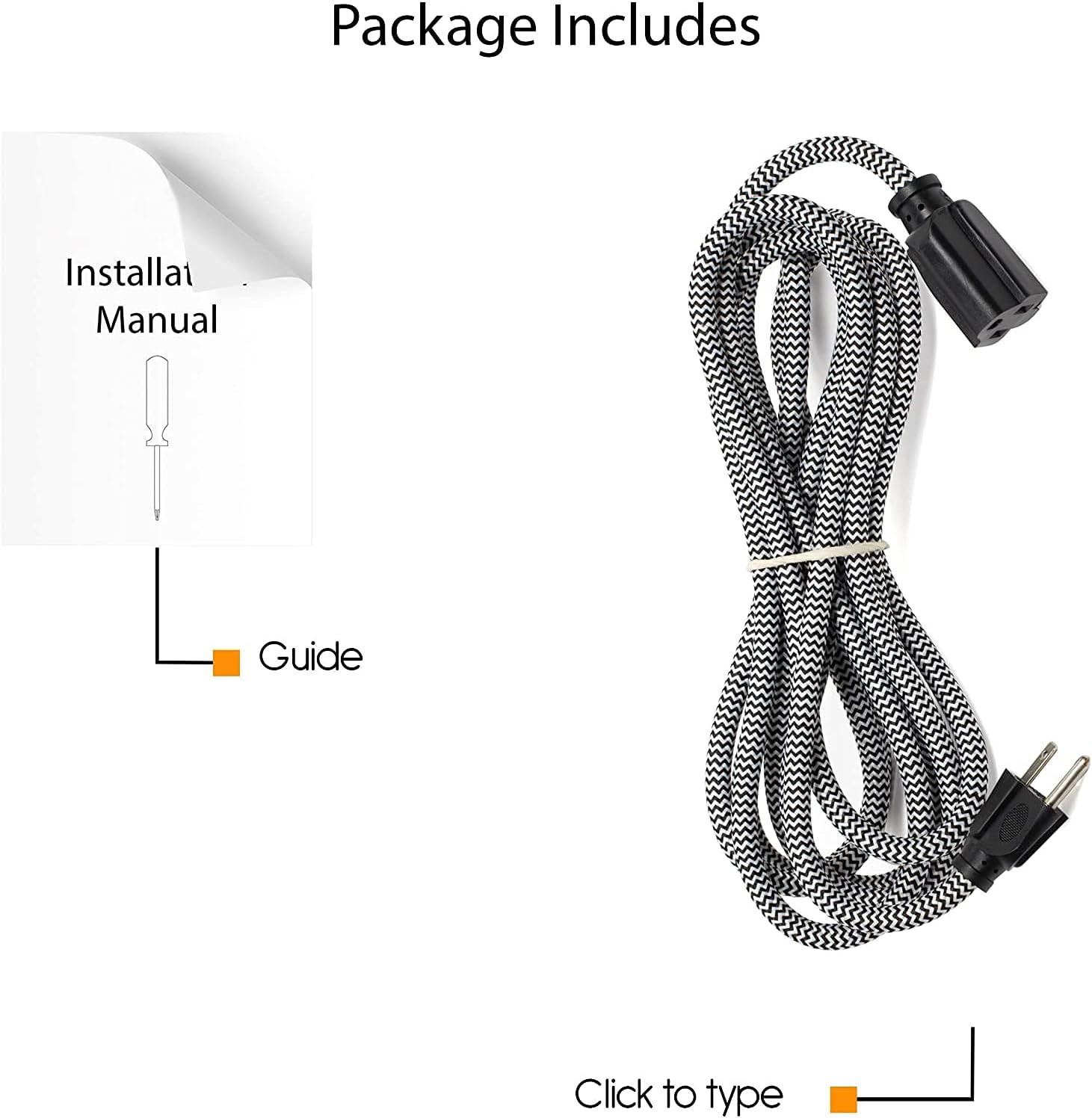 Rustic State 12 Feet Braided Zig Zag Fabric Power Extension Cord with Flexible Cable & 3 Prong Plug - Decorative Stylish Industrial Vintage DIY Projects - 18 Gauge Chevron - Black & White