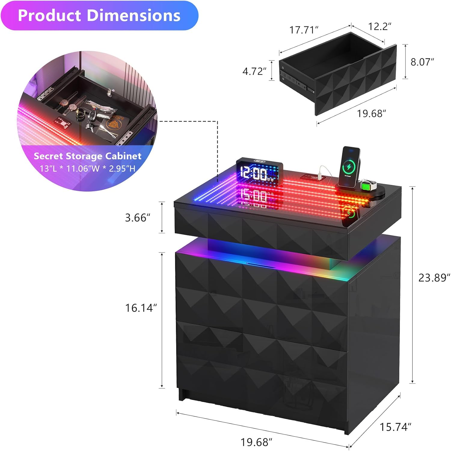 Bedside Table with Charger Station and RGB Lights, Nightstand with 3 Drawers and Sliding Top, Modern Night Stand with Human Body Sensor for Bedroom & Living Room, Black