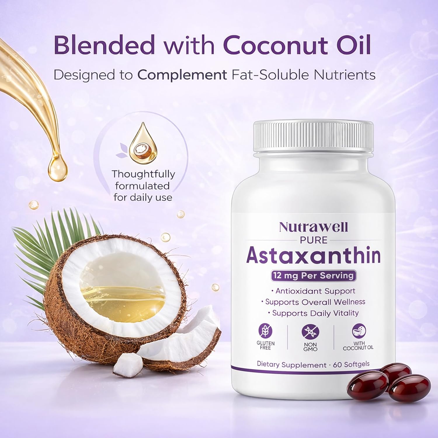 NutraWell Astaxanthin 12mg, with Coconut Oil, Antioxidant Support Supplement, Non-GMO, Gluten Free, 60 Softgels