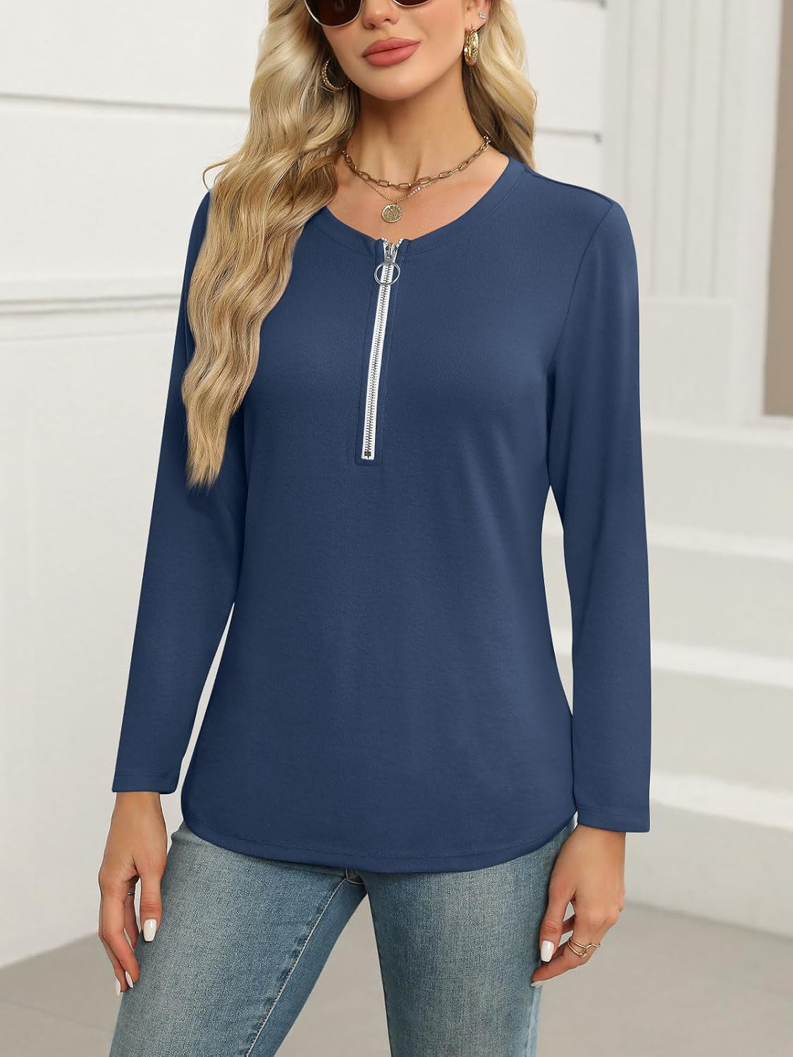 TICTICMISS Women's Long Sleeve Shirts Zipper Color Block V Neck Tunic Tops Casual Blouse