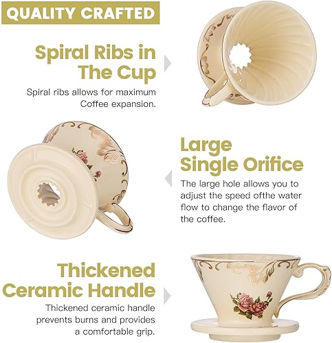 Miniatura 3 de YOLIFE Floarl - Juego de gotero de café, cafetera de cerámica con diseño de cono, 1 taza, regalo para mujeres (rosa)