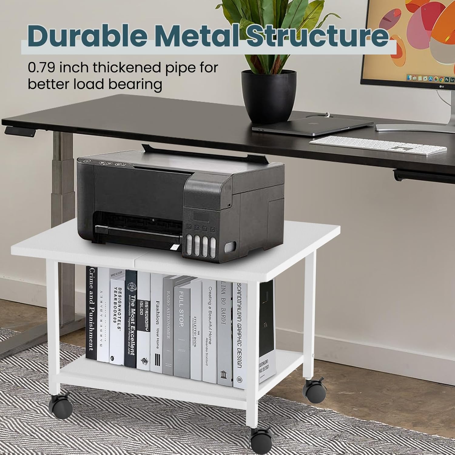 Printer Stand with Storage Under Desk Shelf, Desktop Printer Stand Organizer, Rolling Printer Cart Storage Paper Files Holder for Desk, Office, Home, (White)
