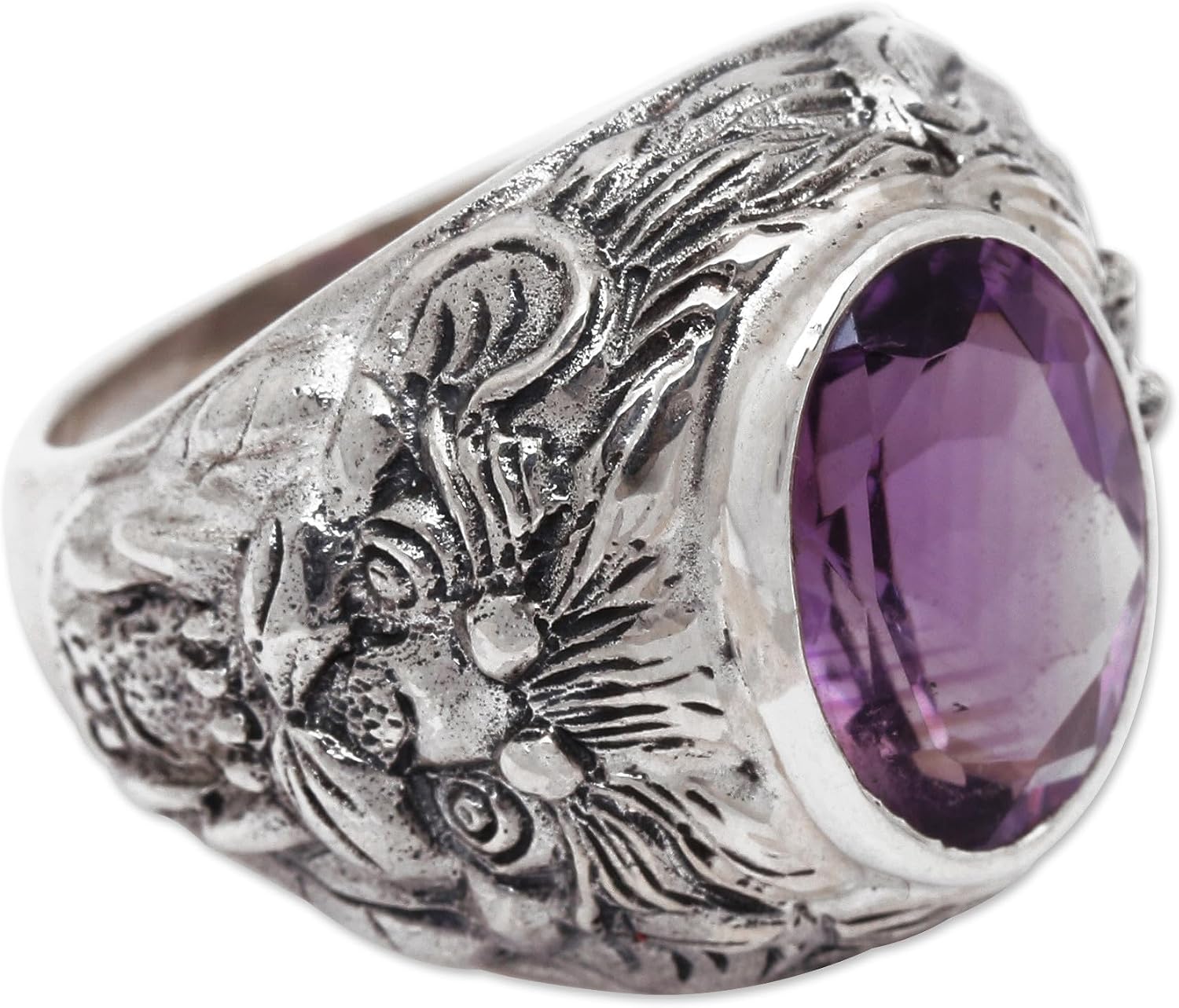 NOVICA Artisan Handmade Amethyst Men's Ring Barong Theme .925 Sterling Silver Purple Single Stone Indonesia Hinduism Birthstone 'Benevolent'