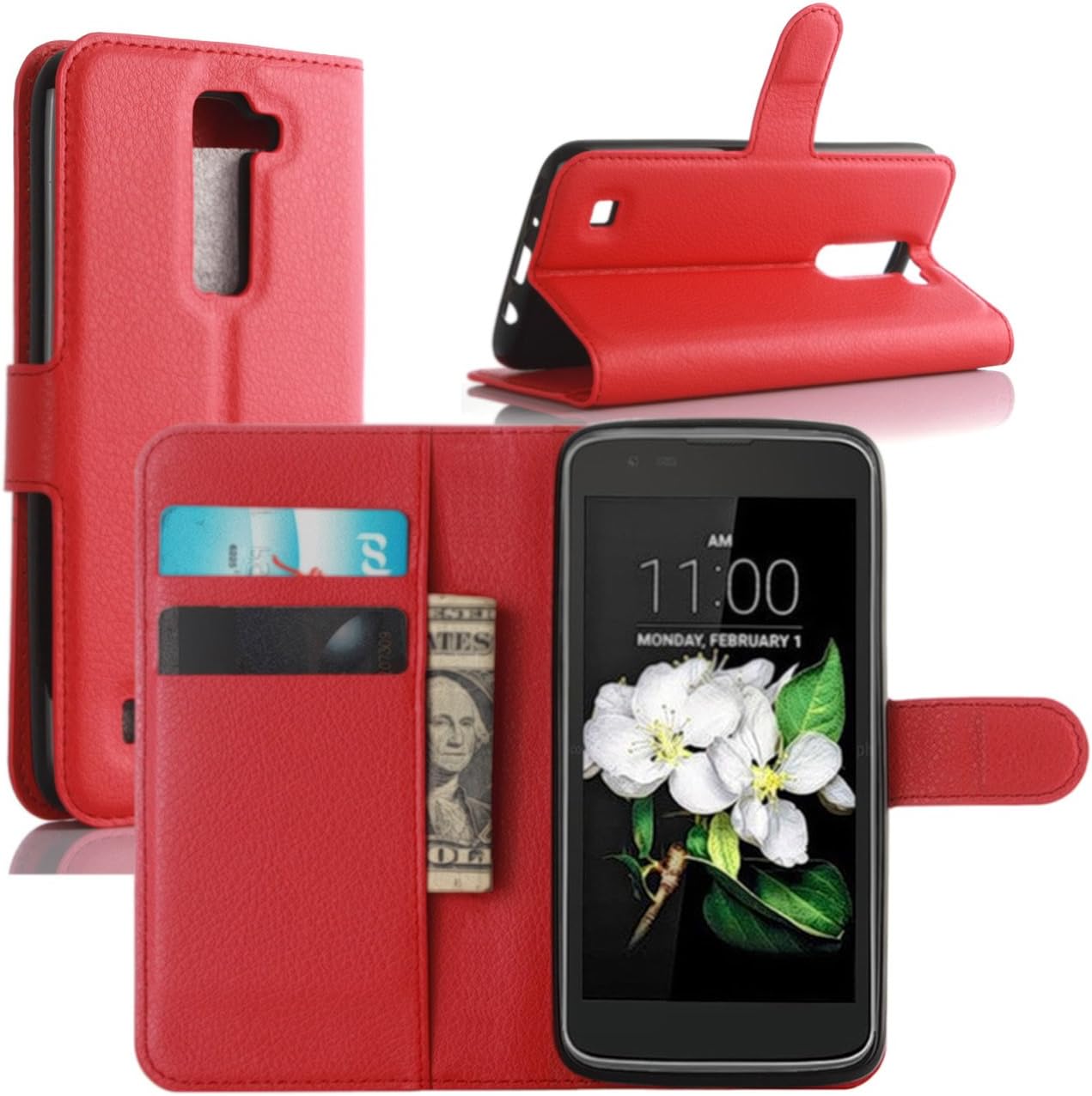 LG K7 Case, LG Tribute 5 Case, Fettion Premium PU Leather Wallet Phone Cases Flip Cover with Stand Card Holder for LG K7, LG Tribute 5 Smartphone (Wallet - Red)