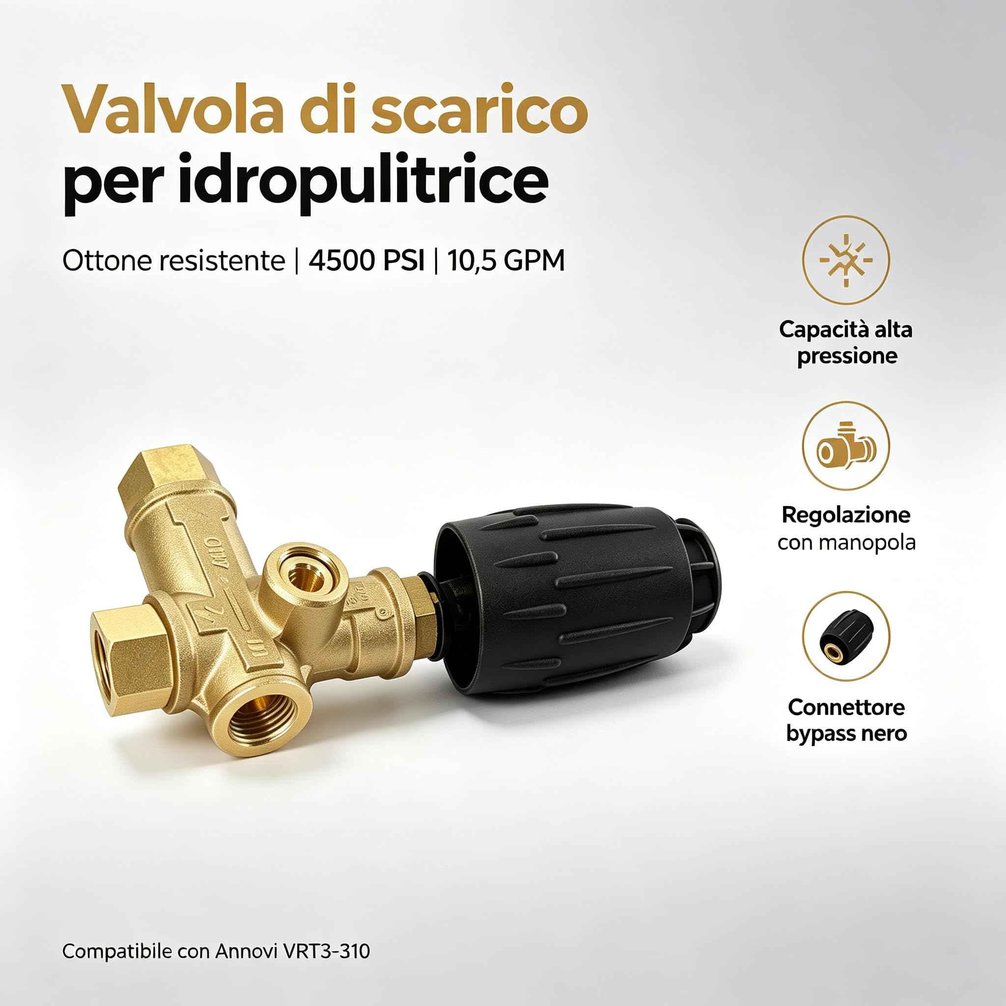 Valvola di scarico idropulitrice,Valvola di scarico idropulitrice in ottone,per Annovi VRT3-310,4500 PSI 10,5 GPM con manopola di regolazione,Raccordo bypass a molla nera