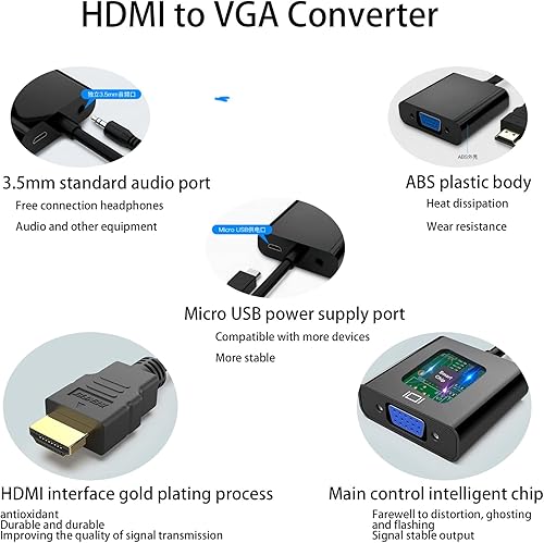 Miniatura 4 de SZFUDIGO - Adaptador HDMI a VGA con audio de 0.138 in y alimentación micro USB, adaptador HDMI a VGA chapado en oro (hombre a hembra) compatible con