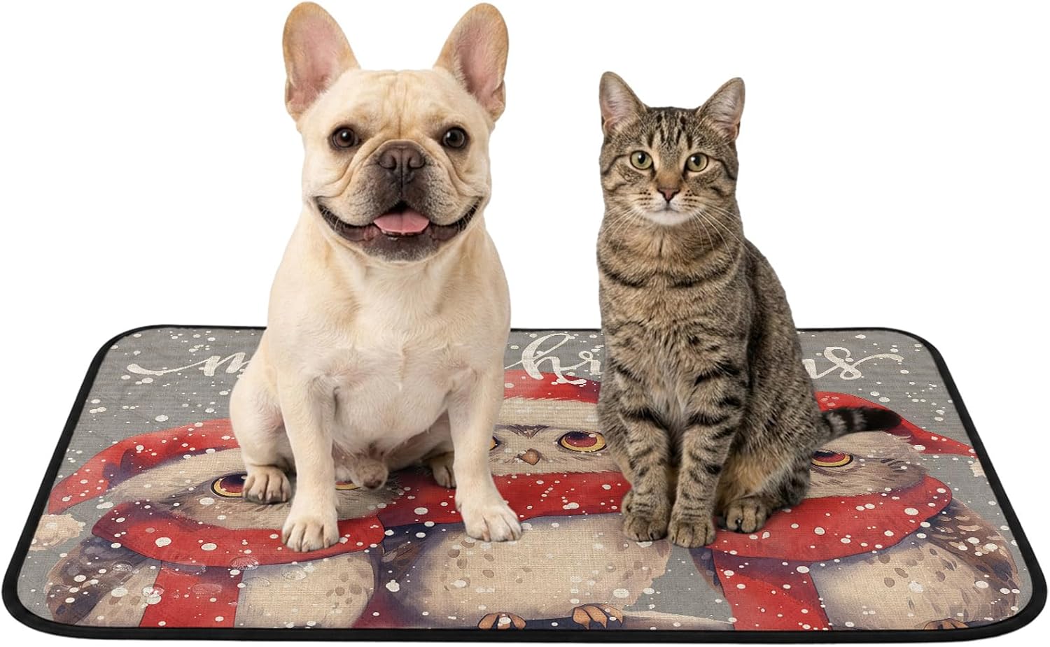 Merry Christmas Red Cap Scarf Owl Snow Day Grey Retro Linen Washable Pee Pads for Dogs Reusable Puppy Pad Waterproof & Non-Slip Dog Cat Food Mat for Crates, Indoor, Outdoor and Car Travel 40"x30"