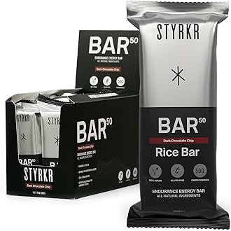 Styrkr BAR50 Energy Bars - Pack of 12 Rice Bars for Cycling & Running - Dark Chocolate Chip Flavour - Approved by Endurance Athletes - 50g of Carbs via Advanced Dual-Carb Formulation - 12x Pack