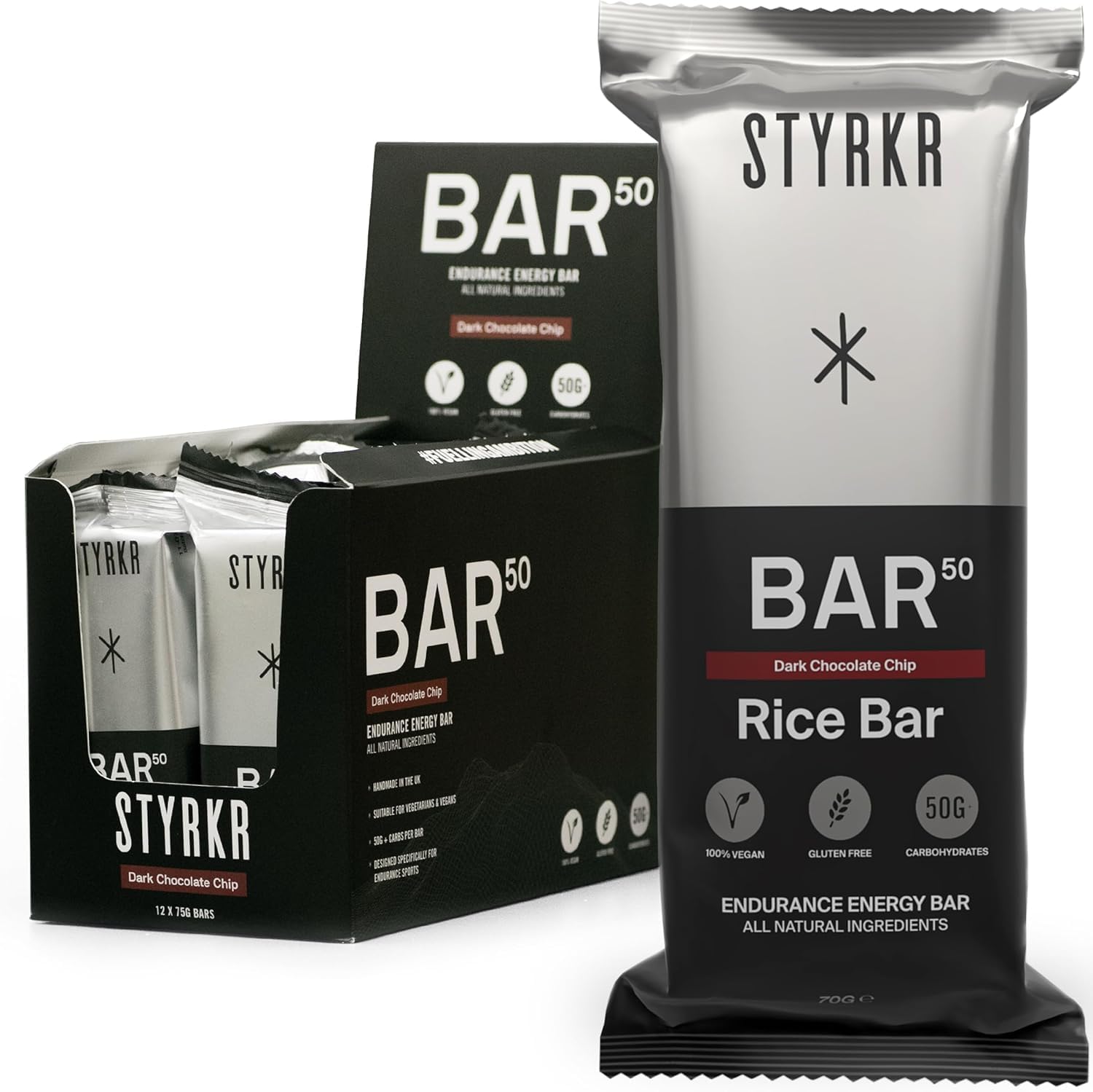 STYRKR Energy Bars - Pack of 12 Rice Bars for Cycling & Running - Dark Chocolate Chip Flavour - Approved by Endurance Athletes - 50g of Carbs via Advanced Dual-Carb Formulation - BAR50 - 12x Pack