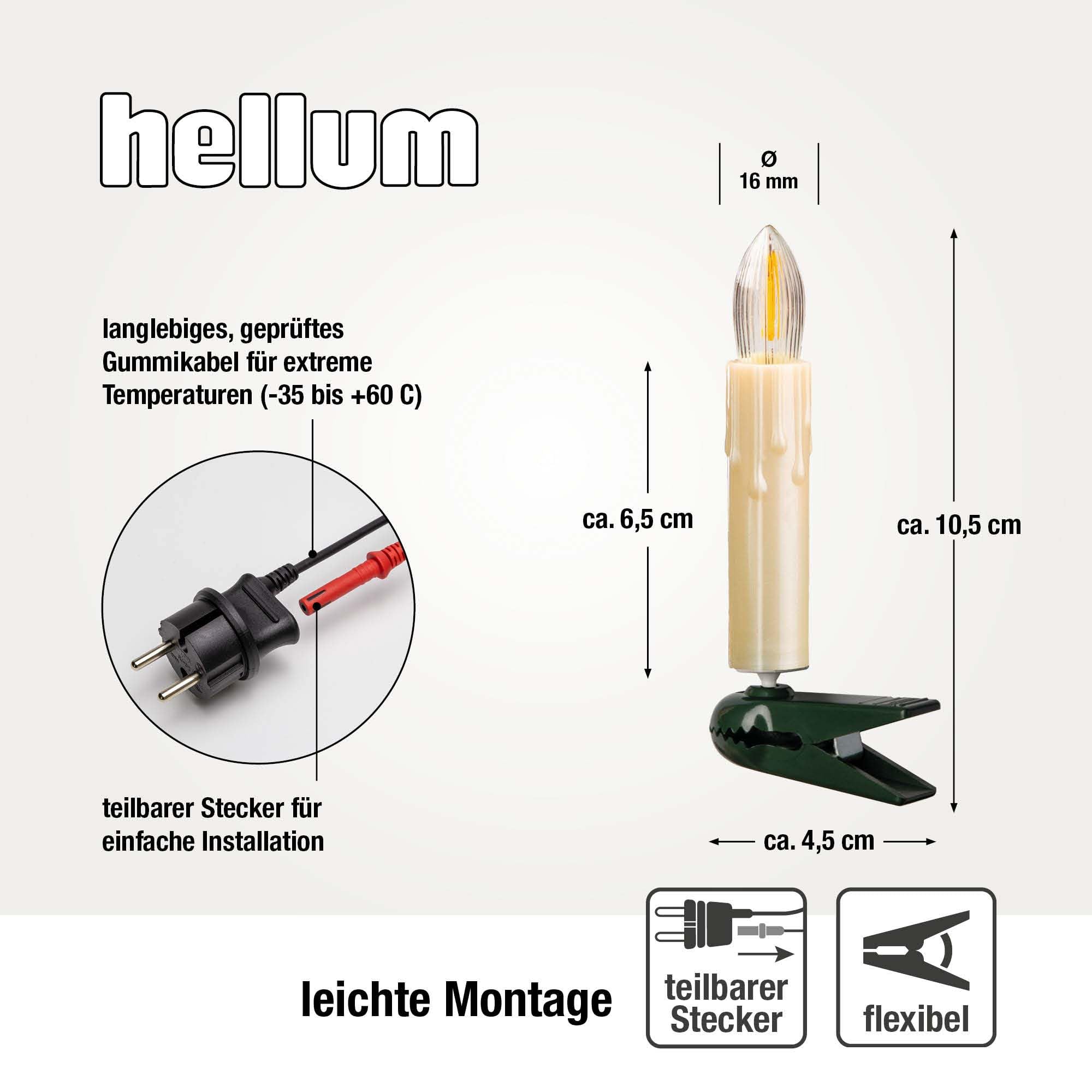 hellum Lichterkette LED-Filament mit Wachstropfen, Made in Germany, Riffelkerzen mit Clip, 20 Lichter, beleuchtete Länge 13,3 m, warmweiß, Schaft perlmutt, für Innen, teilbarer Stecker <59lm 814095