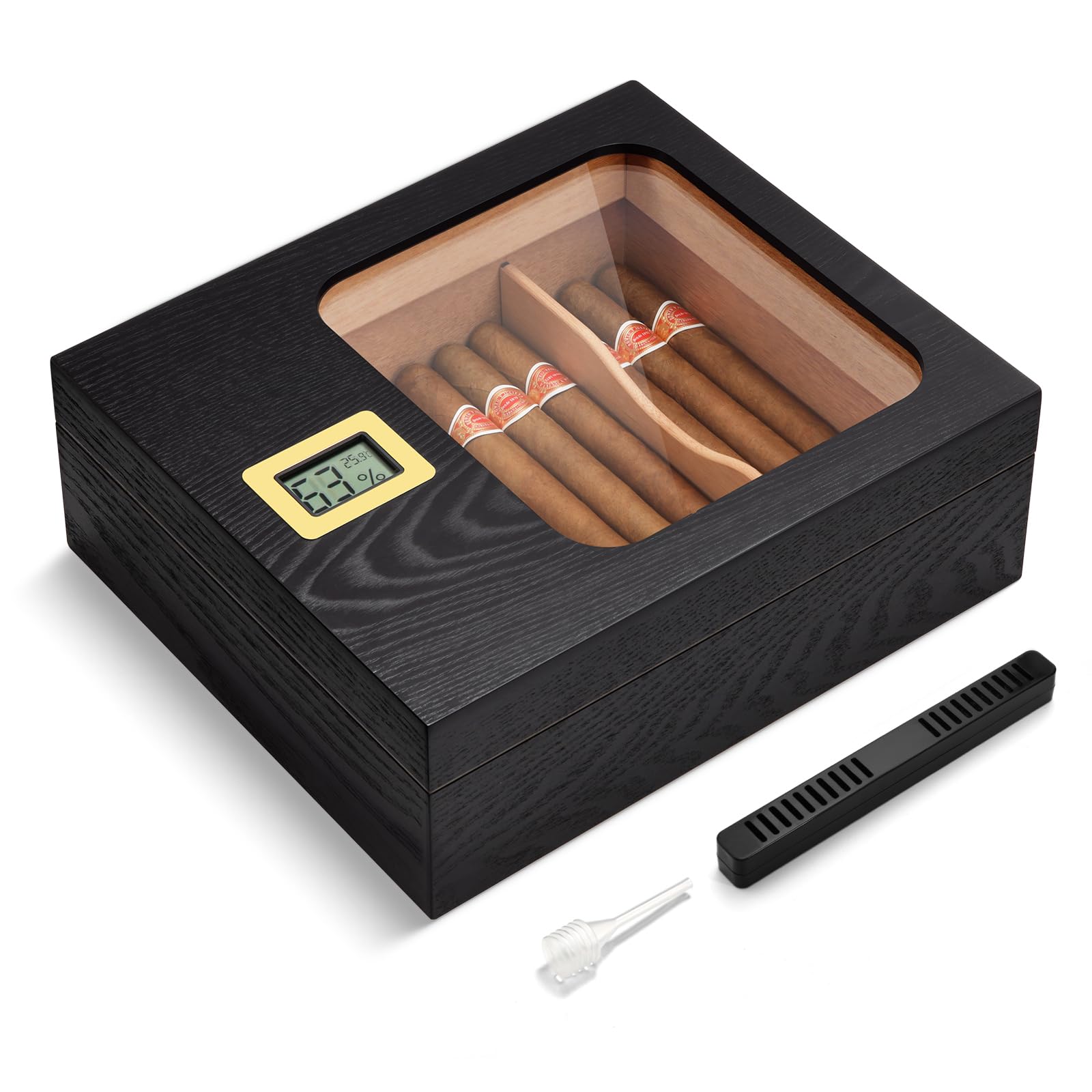 Humidificador de cigarros, moderno humidificador de cedro con tapa de cristal con higrómetro digital, humidificador, divisor, estuche hecho a mano con capacidad para 35-45 puros, accesorios de puros