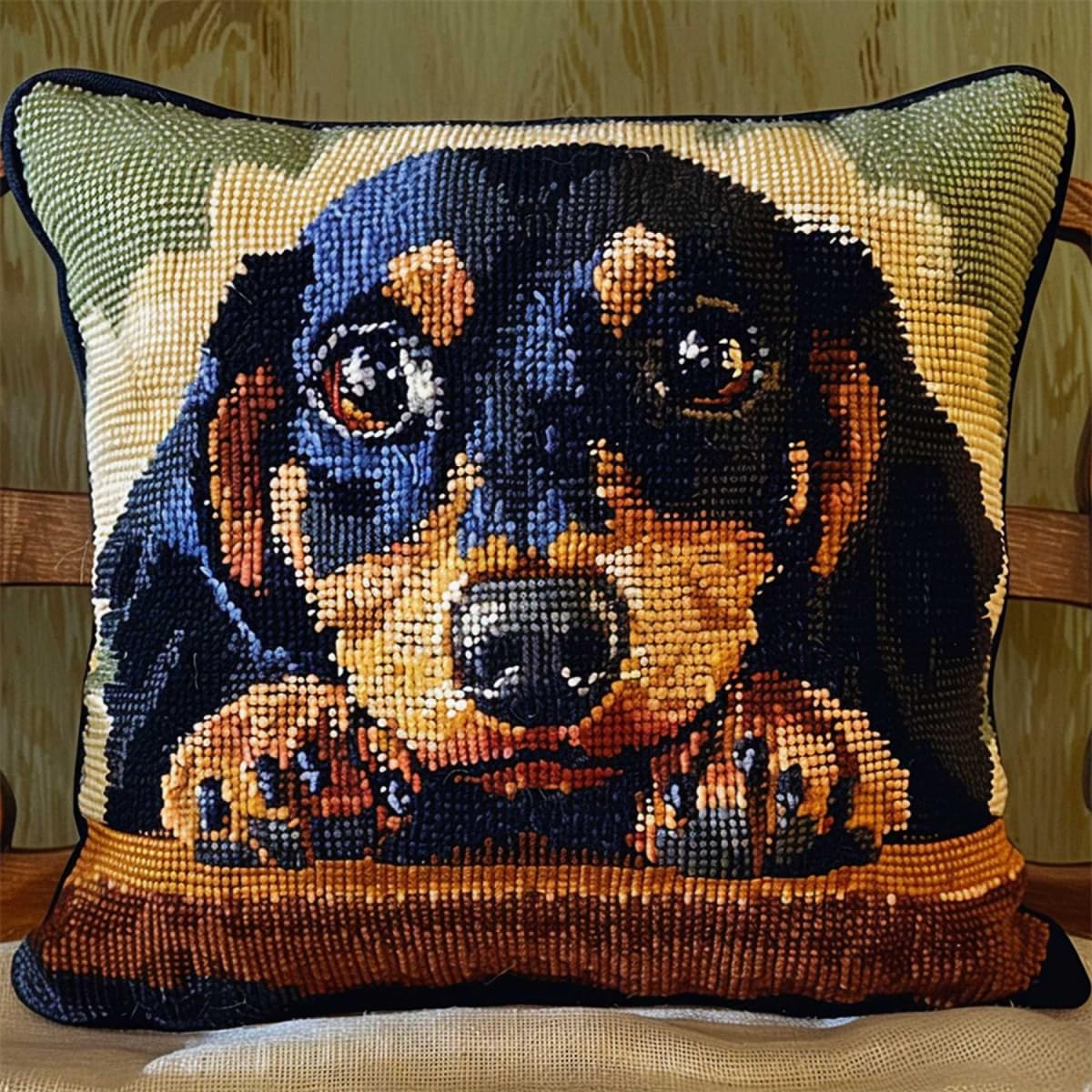 RKFLGEW DIY Latch Hook Kits Dachshund Animal Latch Hook Cushion Kits Cute Dog DIY Latch Hook Cushion Kit Beginners Adults Teenager Gift Embroidery Home Decoration Latch Hook Kit 43x43cm