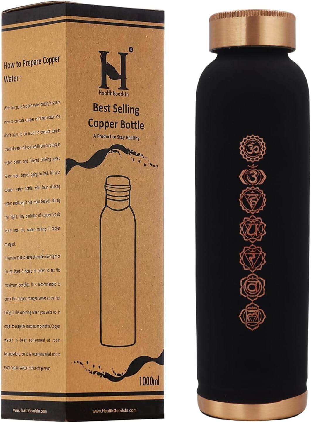 HealthGoodsIn Copper Water Bottle 950mL (32.12 Fl Oz) - Matte Black Finish | Pure Copper Ayurvedic Bottle for Drinking Water | Leakproof, BPA-Free (7 Chakras)