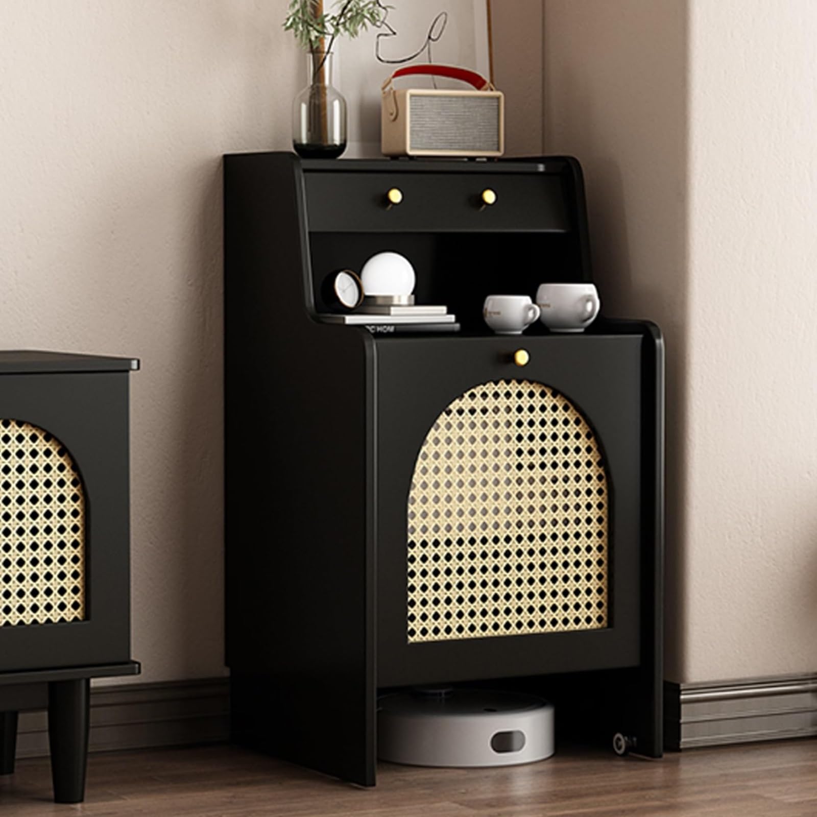 Meuble de rangement robot aspirateur noir avec portes et tiroir pour salon