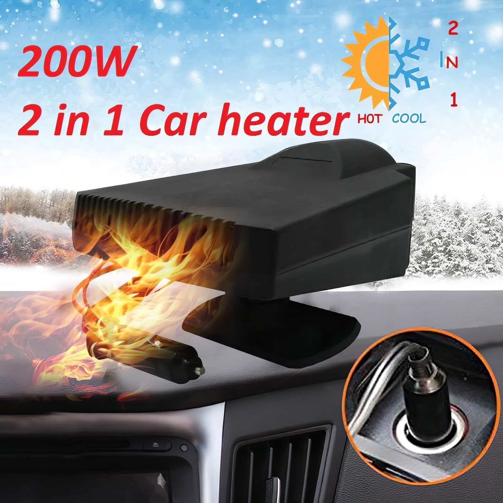 Baceyong Auto Heizlüfter, 200W Auto Heizung 12V Zigarettenanzünder, 2-In-1 Anti-Beschlag Windschutzscheibe Demister Fenster Defroster Lüfter Enteiser, Mini-Heizung mit Luftreinigungsfunktion