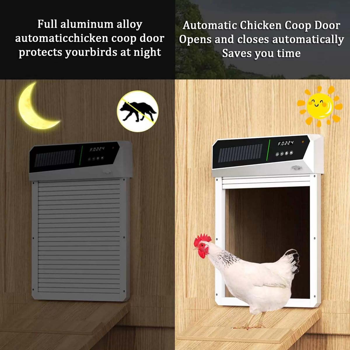 Puerta automática de gallinero con energía solar, diseño de aluminio resistente a la intemperie, temporizador, detección de luz y modos de control remoto para uso en granja y exteriores