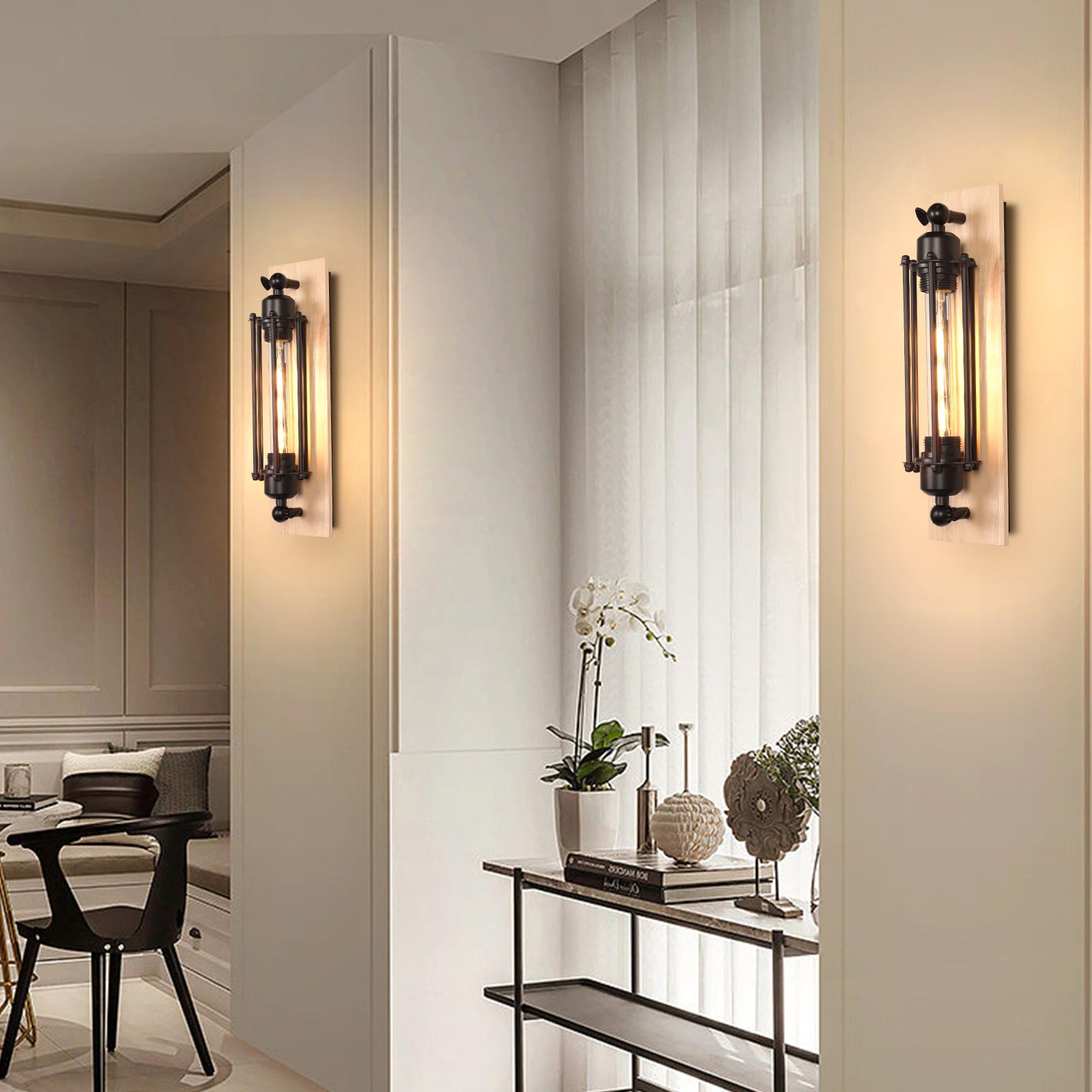 2 Stück Wandleuchte Innen Industrielle Wandleuchten Schwarz E27 Vintage Wandlampe 37cm aus Metall und Holz Wandlicht Design für Schlafzimmer Wohnzimmer Treppen Esszimmer