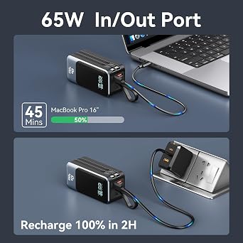 65W Power Bank for Laptop, 18400mAh Fast Charging Portable Charger, Battery Pack with Dual Built-in USB-C & Lightning Cables, LCD Display Travel Chargers for MacBook/Dell XPS/iPad/iPhone 15/Samsung