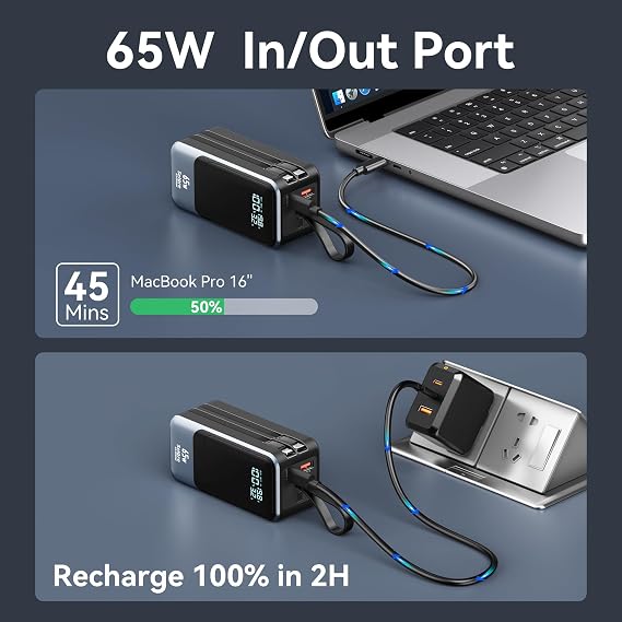 65W Power Bank for Laptop, 18400mAh Fast Charging Portable Charger, Battery Pack with Dual Built-in USB-C & Lightning Cables, LCD Display Travel Chargers for MacBook/Dell XPS/iPad/iPhone 15/Samsung