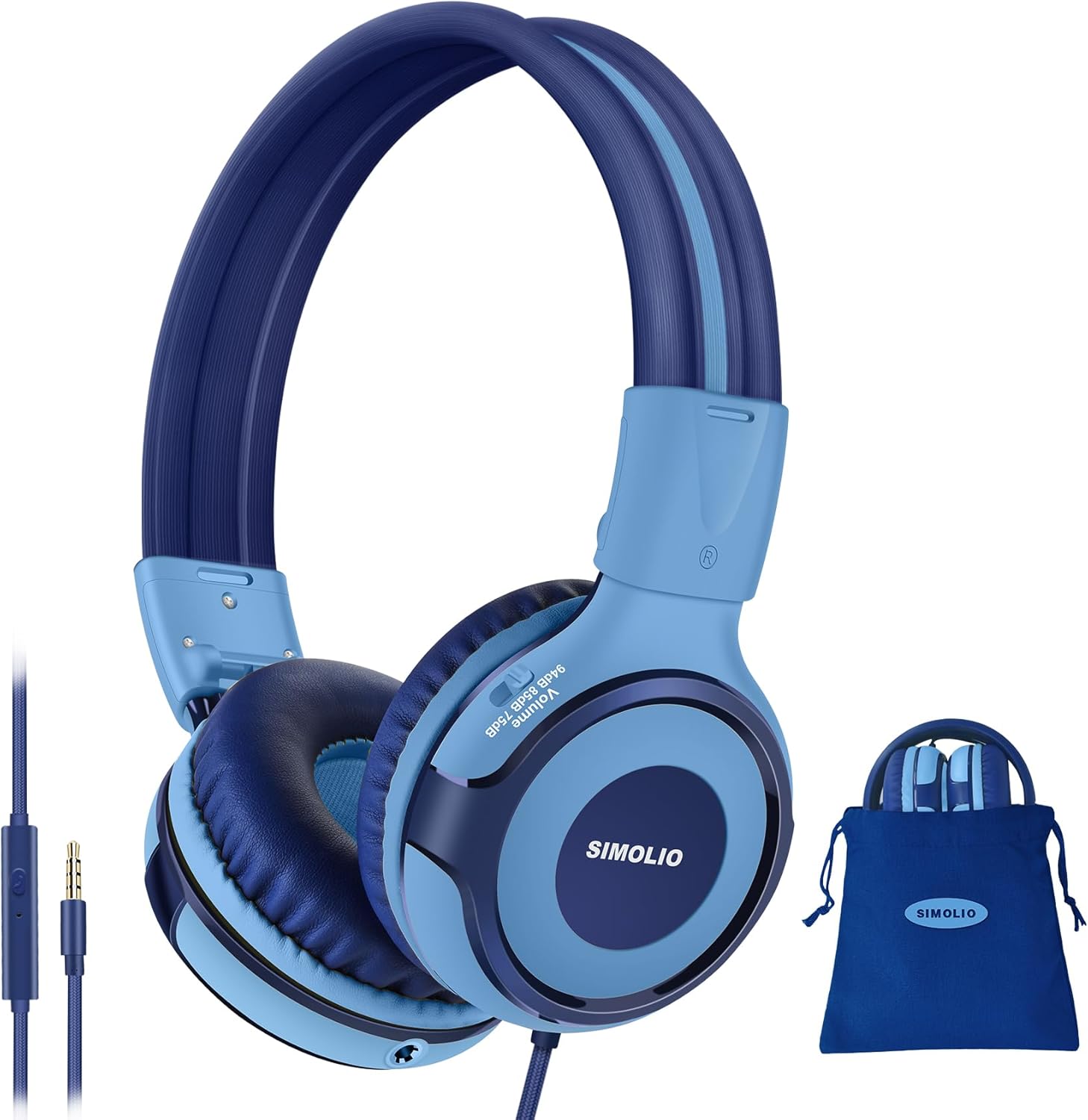 SIMOLIO Kids Headphones for School Age, Wired Headsets with Microphone Volume Limiter Sharing Jack, Adjustable & Sturdy, Tangle-Free Foldable Stereo Headphone for Boys Tablet Travel (Blue) Lack Blue