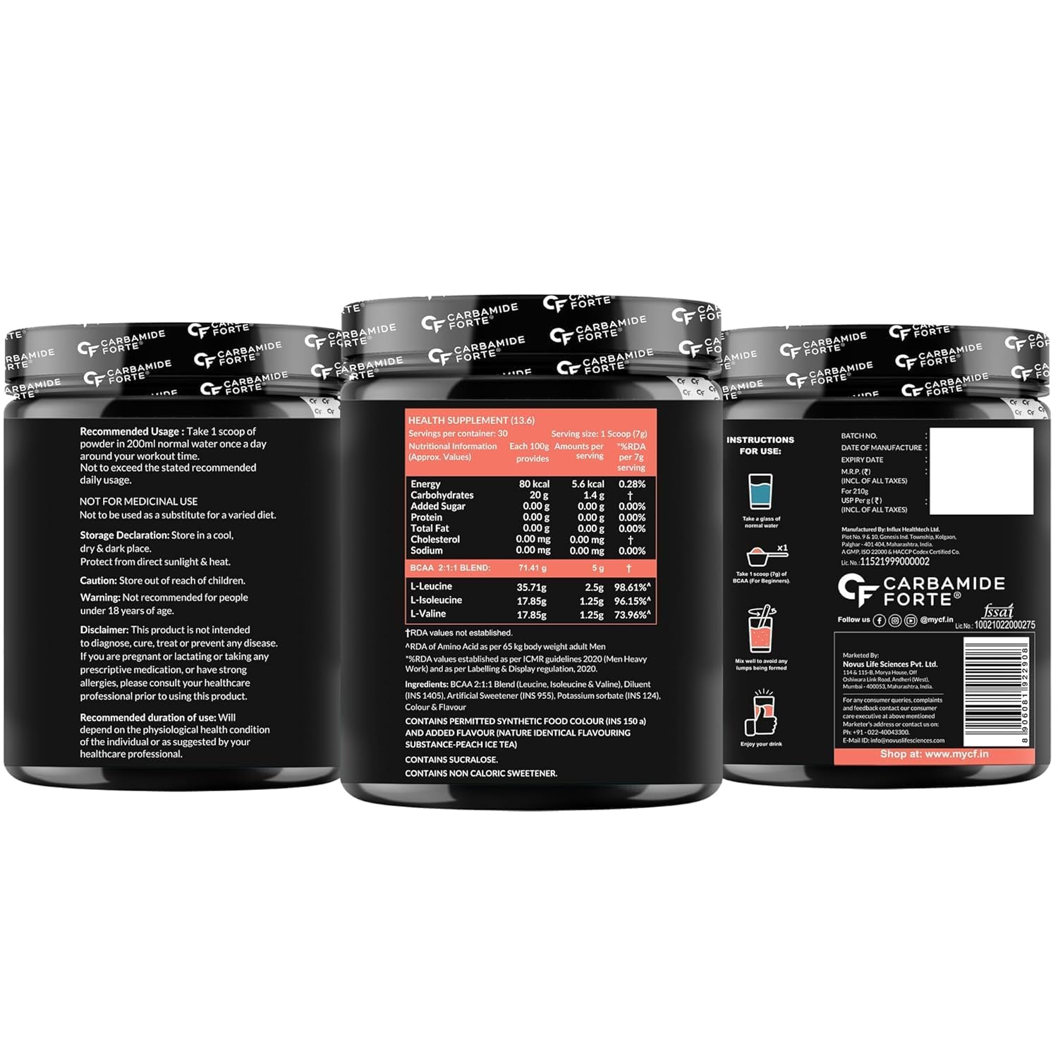 Carbamide Forte BCAA Powders 5000mg | BCAA Supplements For Men & Women | Pre Workout For Men & Women Intra Workout Supplement 7g Serving With Ideal 2:1:1 Ratio | Peach Ice Tea Flavor - 210g — Amazon image 8