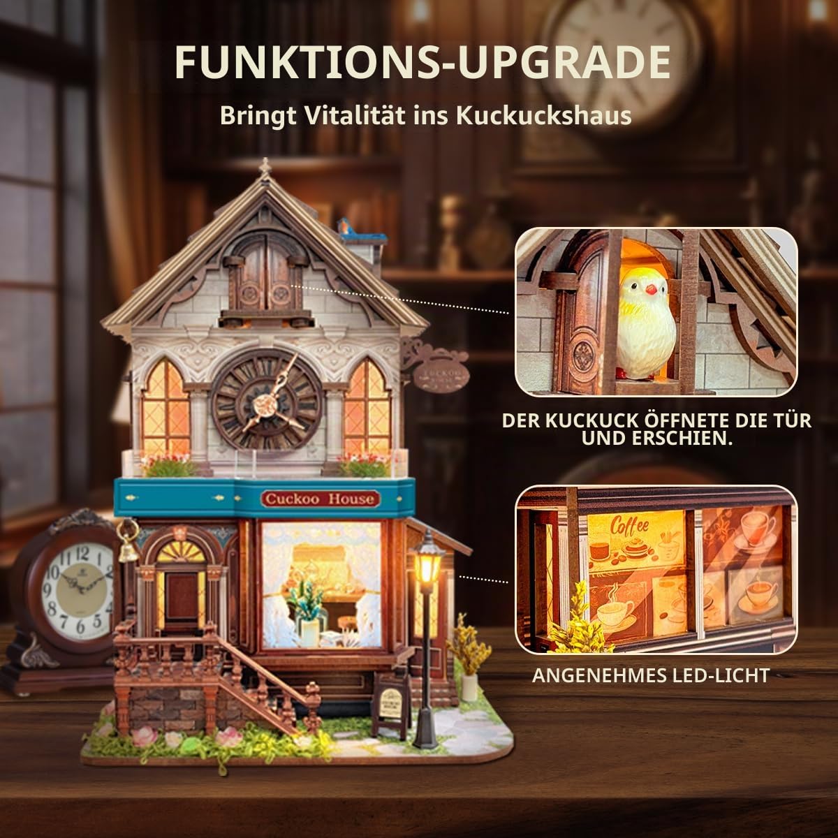 3D Holzpuzzle, Miniatur-Kuckucksuhrenhaus-Bausatz, Holzbauspiel für Erwachsene und Jugendliche, Mini-Modellbausatz mit 3-Modus-Touchschalter - Haus