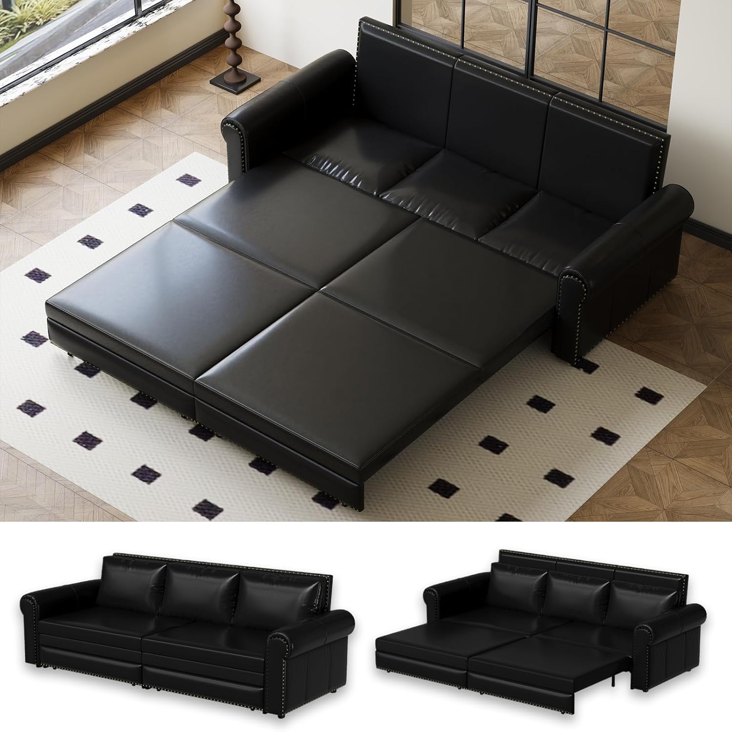 93.7" King Size Sleeper Sofa Bed, Pull Out Sofa Bed, Faux Leather Upholstery, 3 in 1 Convertible Sleeper Couch, Chaise Lounge, Retro Recliner for Living Room, Apartment, Office, Black