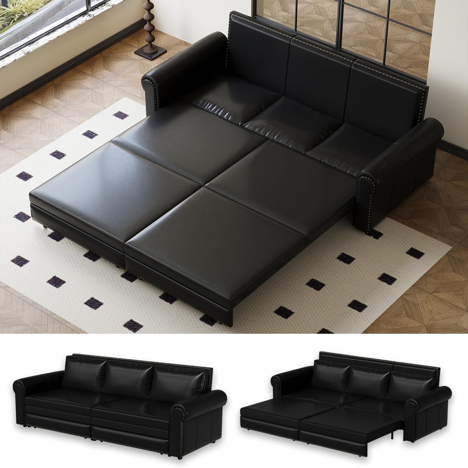 93.7" King Size Sleeper Sofa Bed, Pull Out Sofa Bed, Faux Leather Upholstery, 3 in 1 Convertible Sleeper Couch, Chaise Lounge, Retro Recliner for Living Room, Office, Apartment, Black